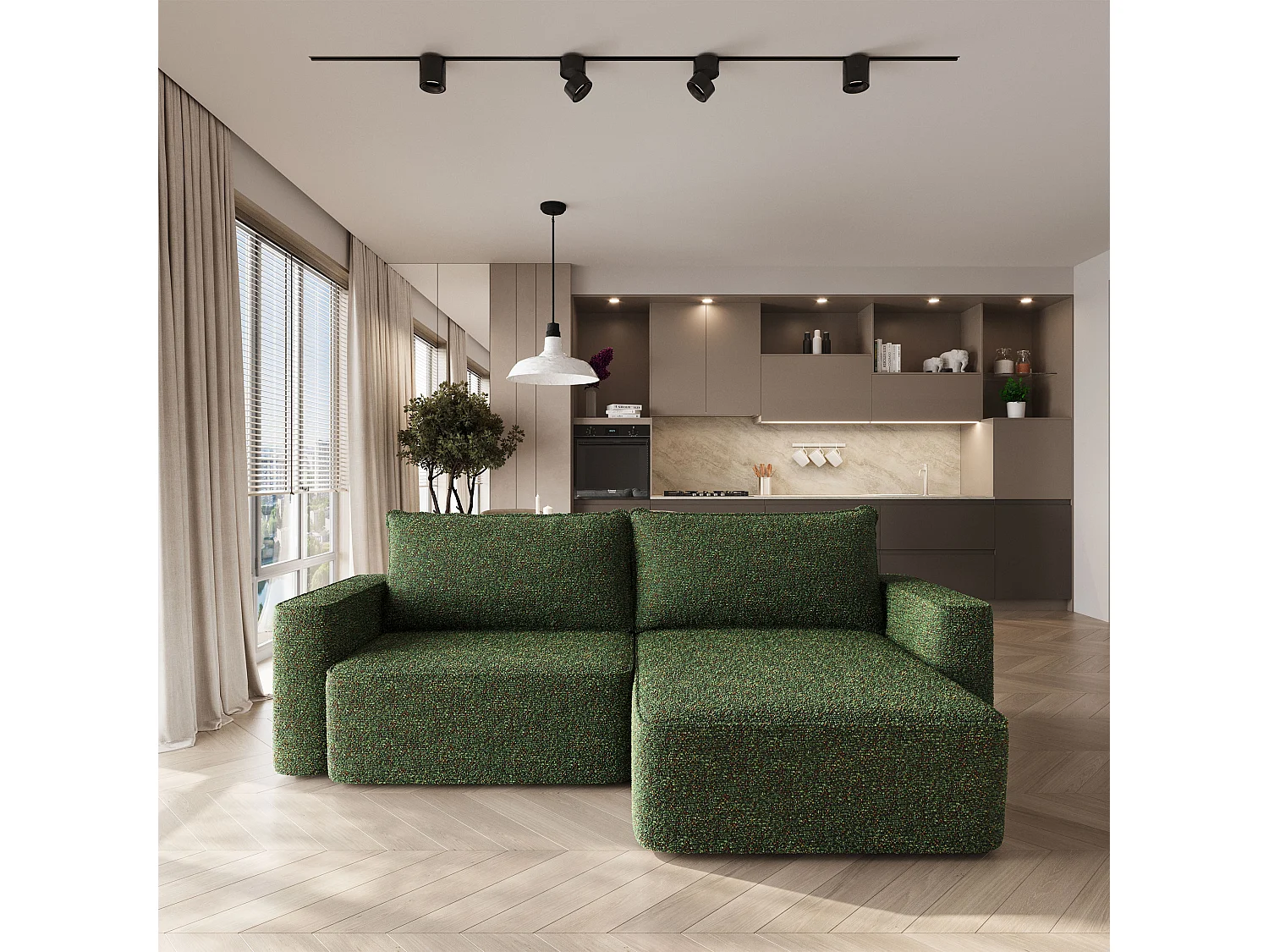 Hoekbank BELISE, met slaapfunctie, Chenille Groen