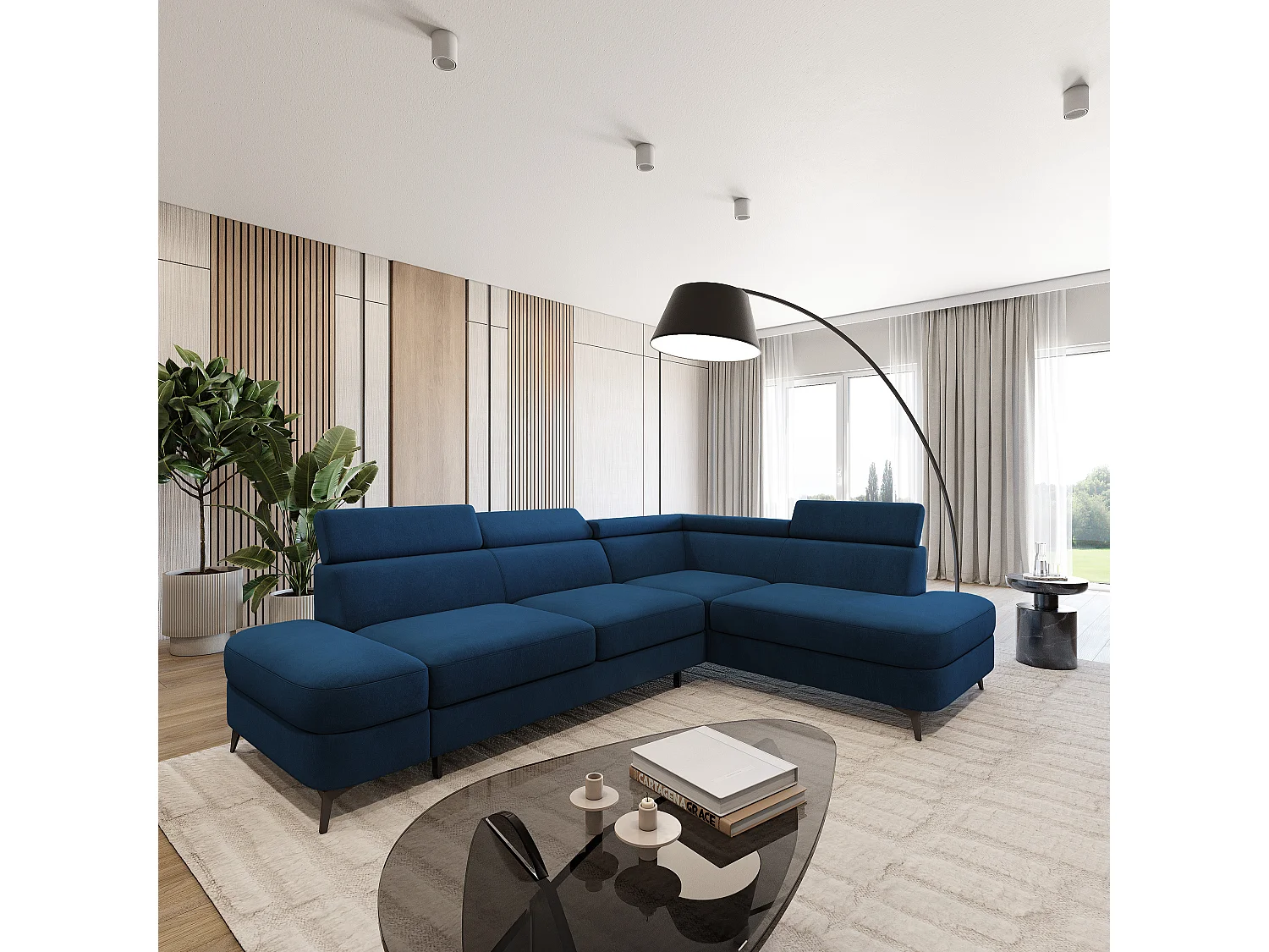 Hoekbank AVISE, met slaapfunctie, Veloursstof Blauw
