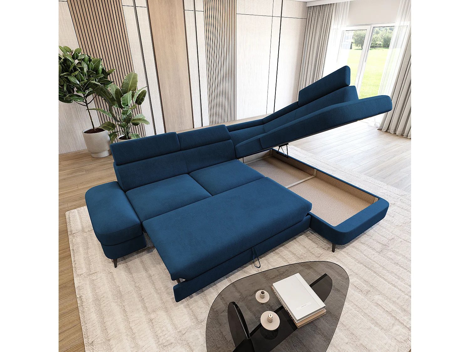 Hoekbank AVISE, met slaapfunctie, Veloursstof Blauw