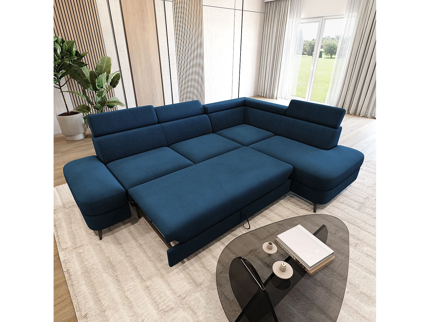 Hoekbank AVISE, met slaapfunctie, Veloursstof Blauw