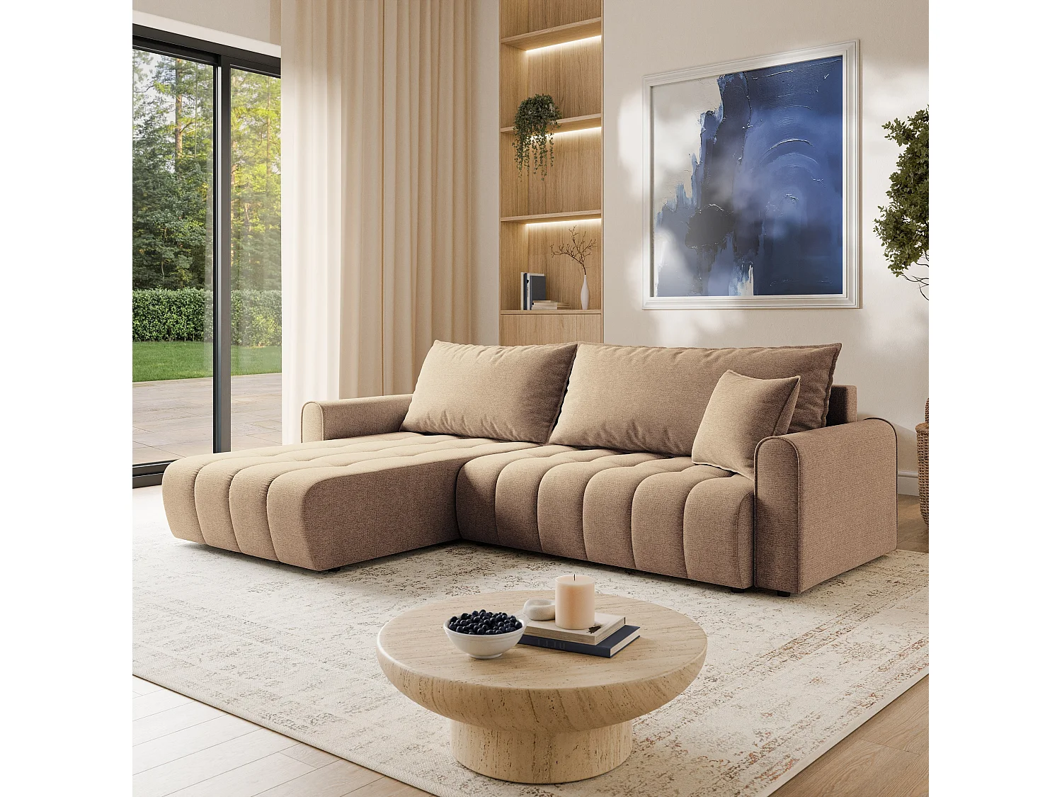 Hoekbank FRIGA, met slaapfunctie, Structuurstof Beige