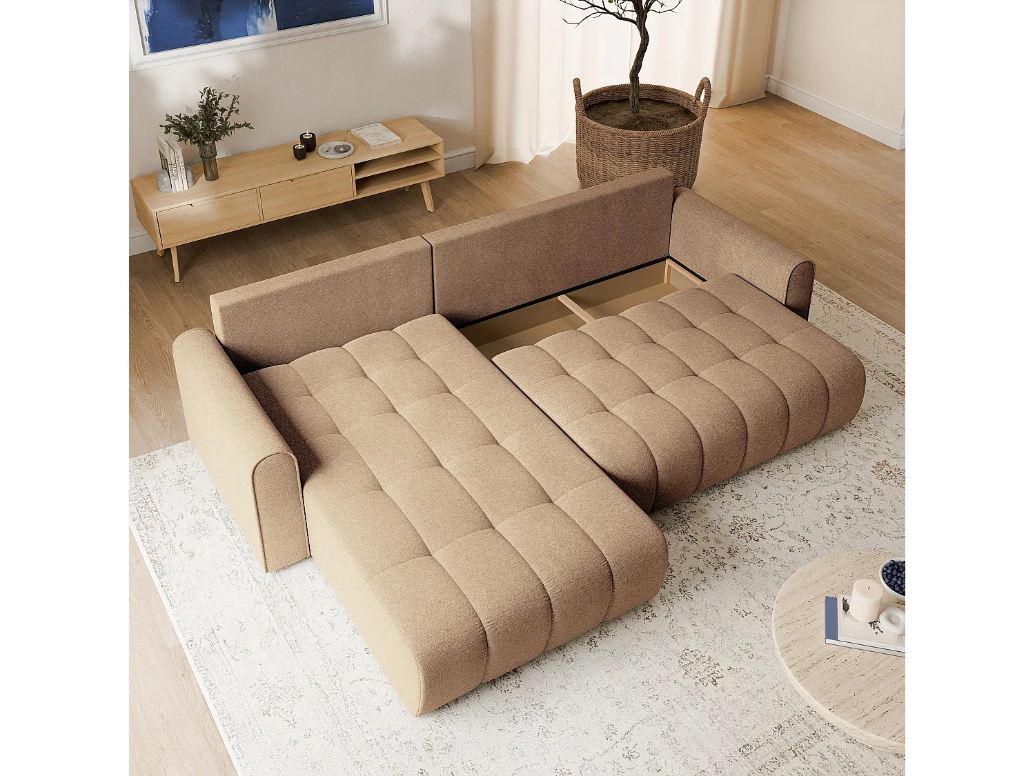 Hoekbank FRIGA, met slaapfunctie, Structuurstof Beige
