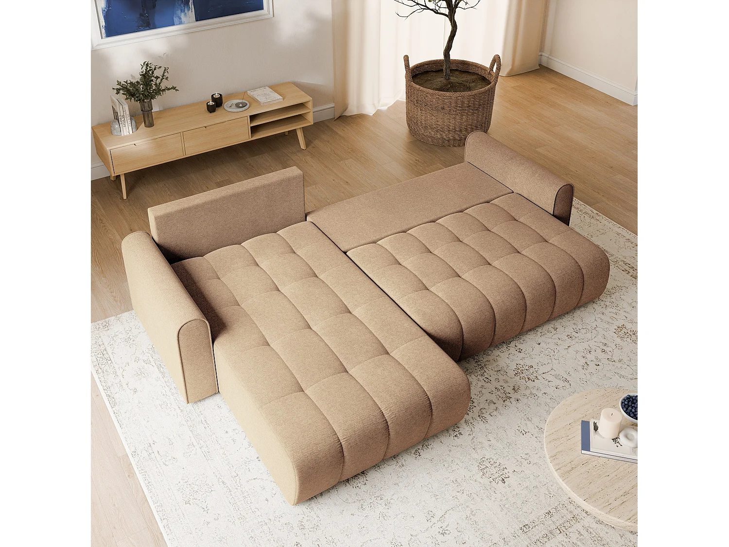 Hoekbank FRIGA, met slaapfunctie, Structuurstof Beige