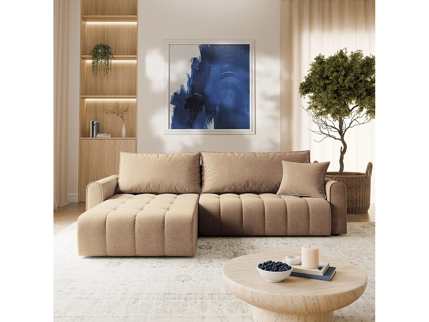 Hoekbank FRIGA, met slaapfunctie, Structuurstof Beige
