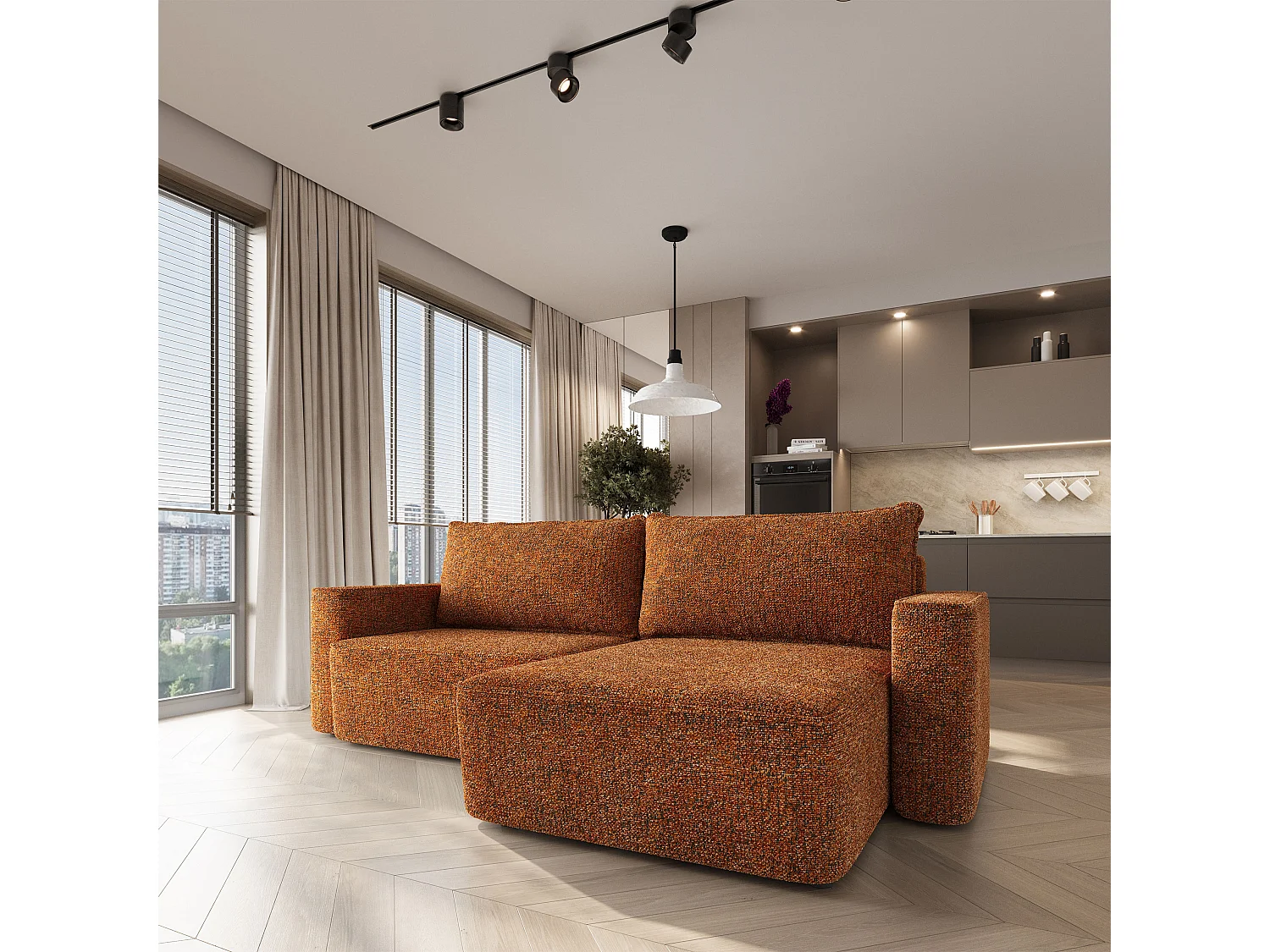 Hoekbank BELISE, met slaapfunctie, Chenille Oranje