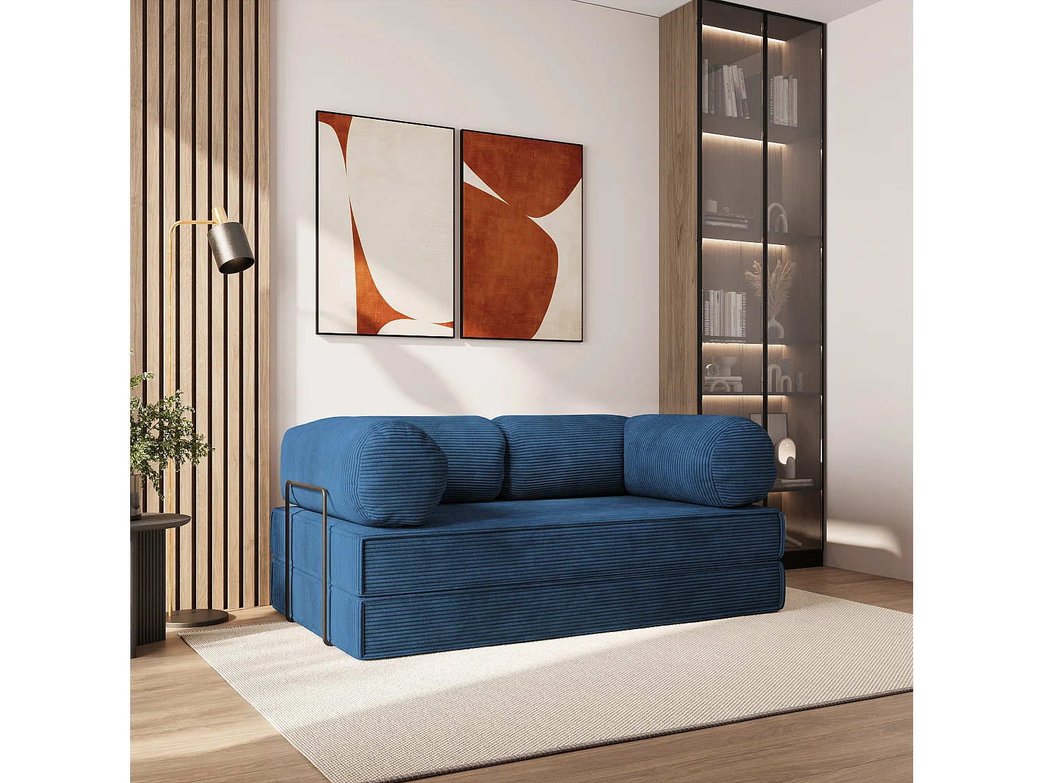 Canapé compressé ALVIO avec cadre métallique, Velours côtelé POSO, Bleu