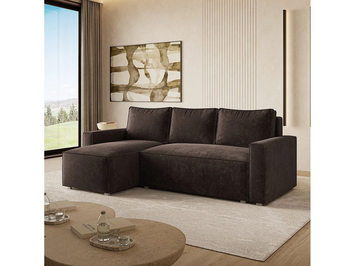 Hoekbank POTARO, met slaapfunctie, Chenille Bruin