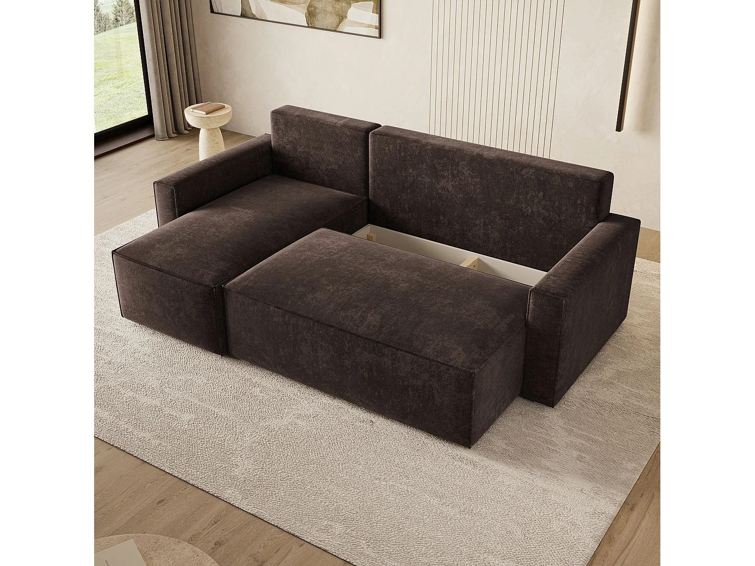 Hoekbank POTARO, met slaapfunctie, Chenille Bruin