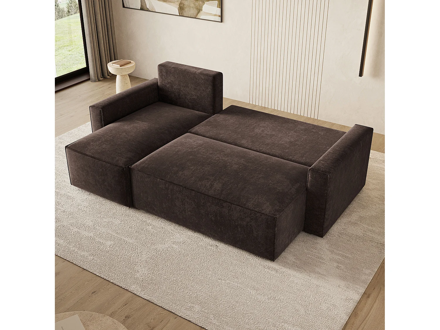 Hoekbank POTARO, met slaapfunctie, Chenille Bruin