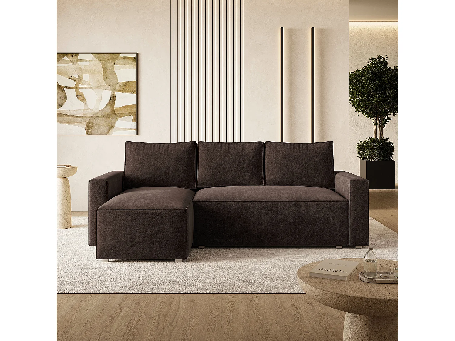 Hoekbank POTARO, met slaapfunctie, Chenille Bruin