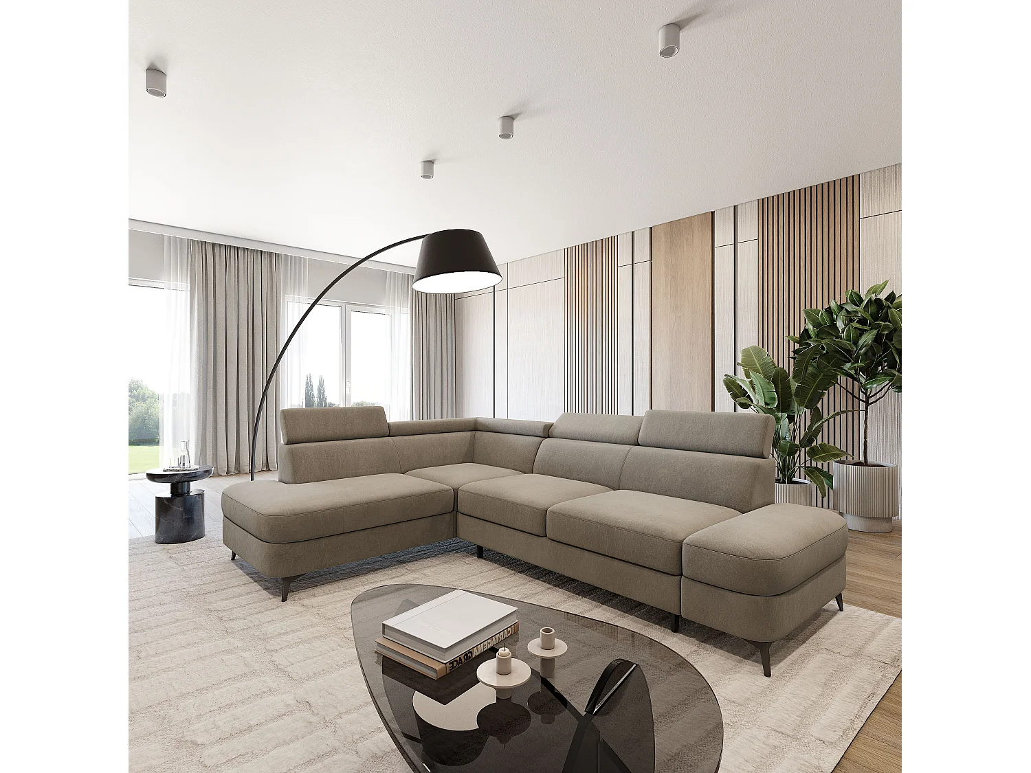 Hoekbank AVISE, met slaapfunctie, Veloursstof Beige