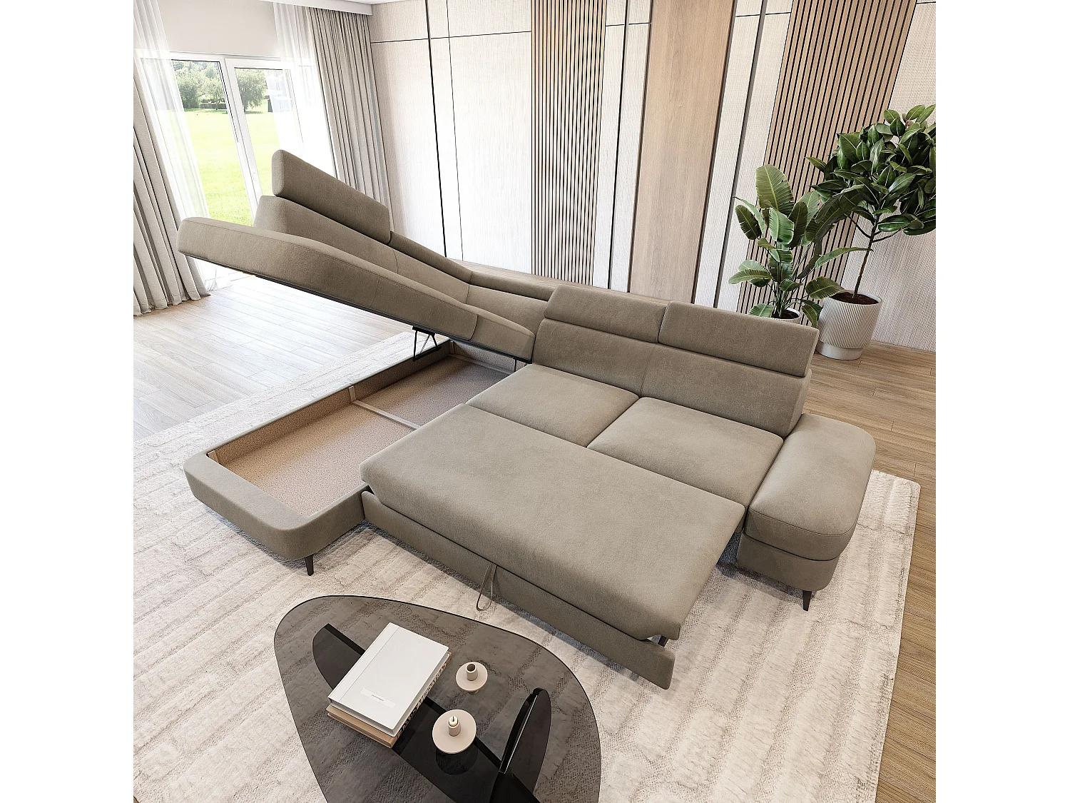 Hoekbank AVISE, met slaapfunctie, Veloursstof Beige
