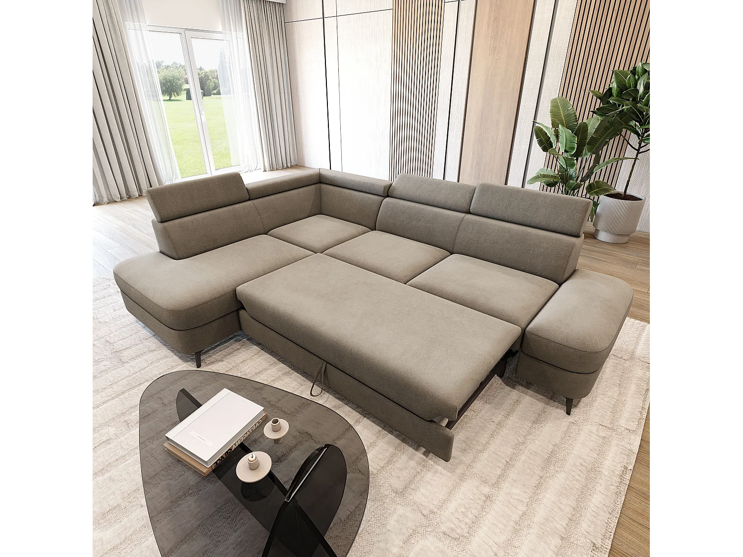 Hoekbank AVISE, met slaapfunctie, Veloursstof Beige
