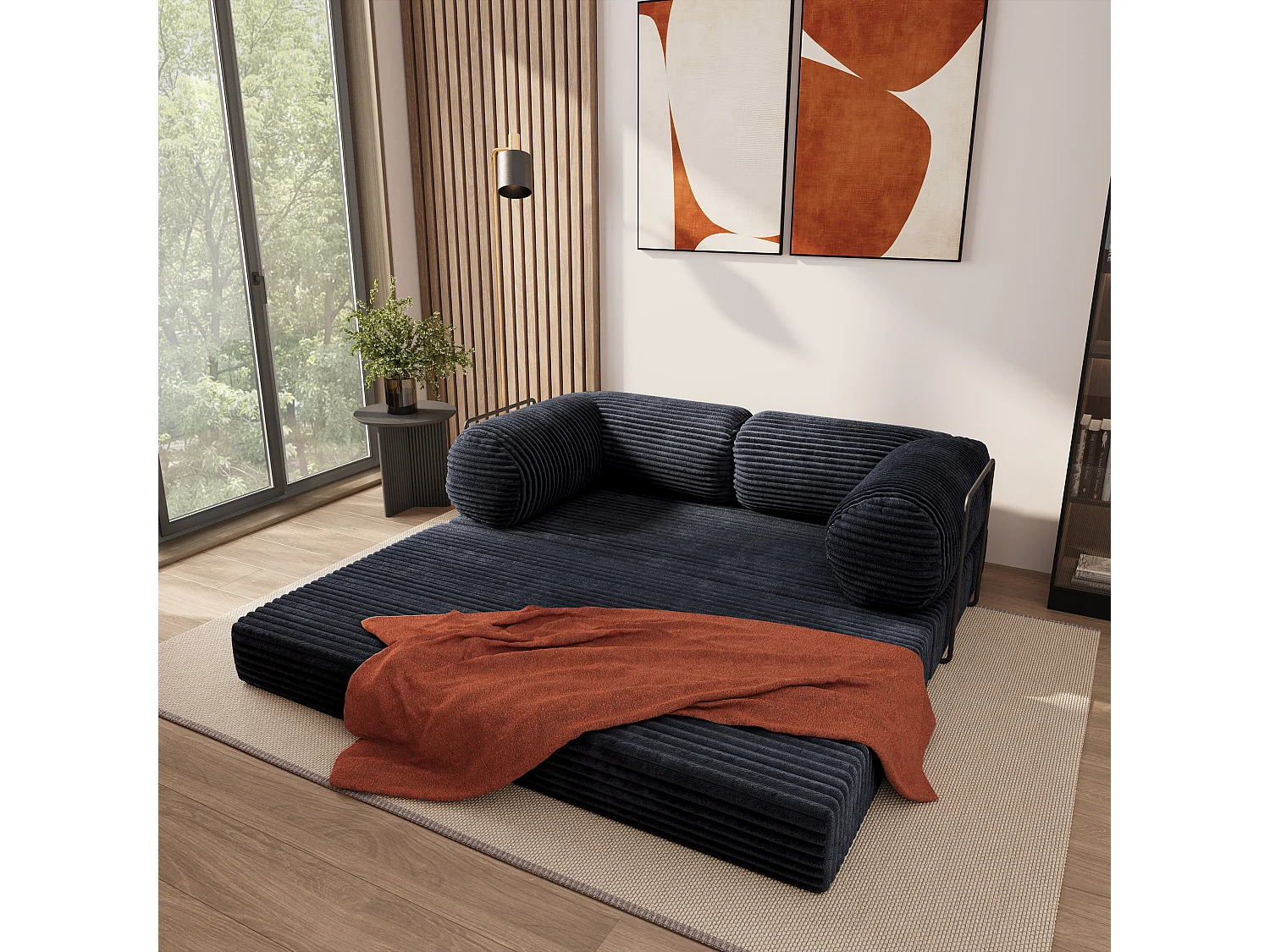 Canapé compressé ALVIO avec cadre métallique, Velours côtelé TILIA, Noir