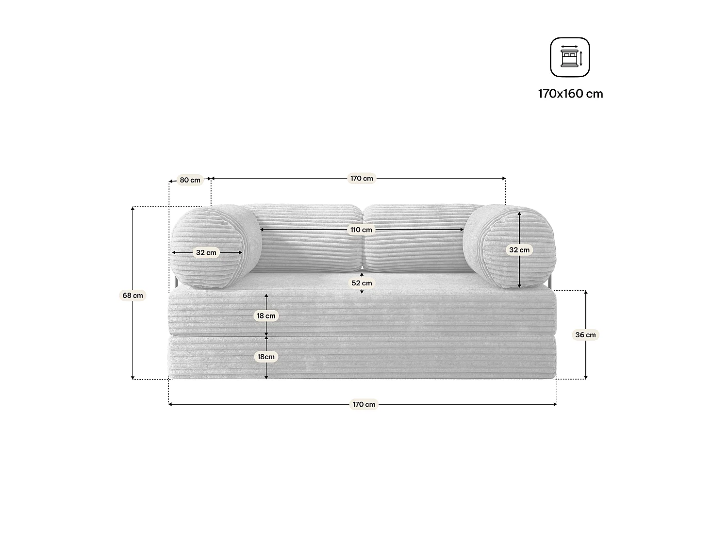 Canapé compressé ALVIO avec cadre métallique, Velours côtelé TILIA, Noir