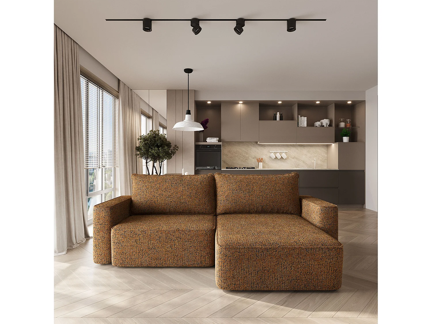 Hoekbank BELISE, met slaapfunctie, Chenille Bruin