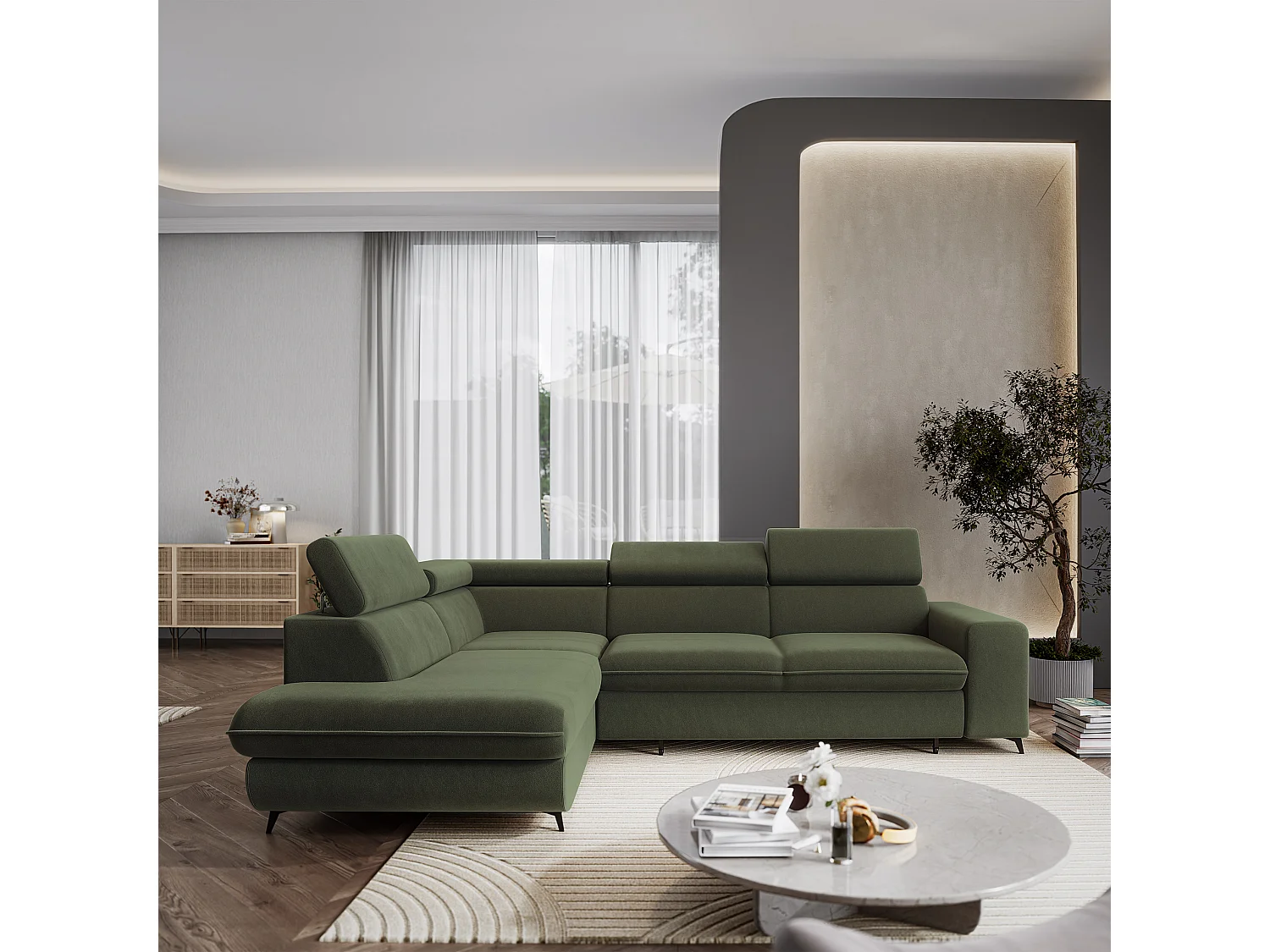 Hoekbank VELISS, met slaapfunctie, Fluweelstof Olijfgroen