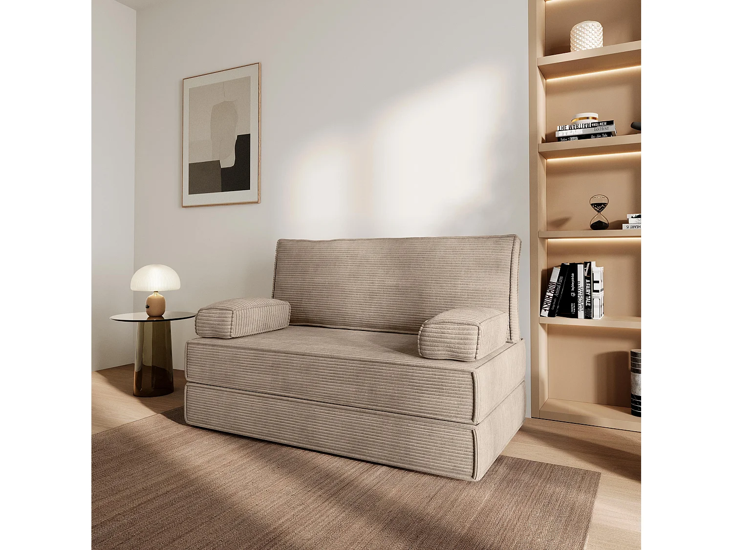 Canapé compressé LADIA sans cadre métallique, Velours côtelé POSO, Beige