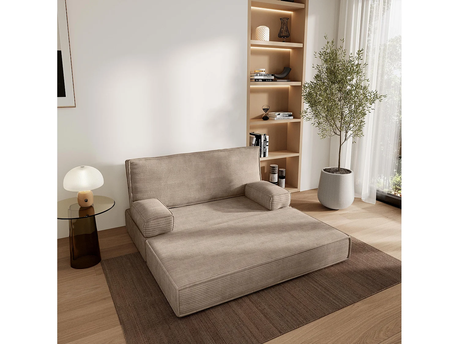Canapé compressé LADIA sans cadre métallique, Velours côtelé POSO, Beige