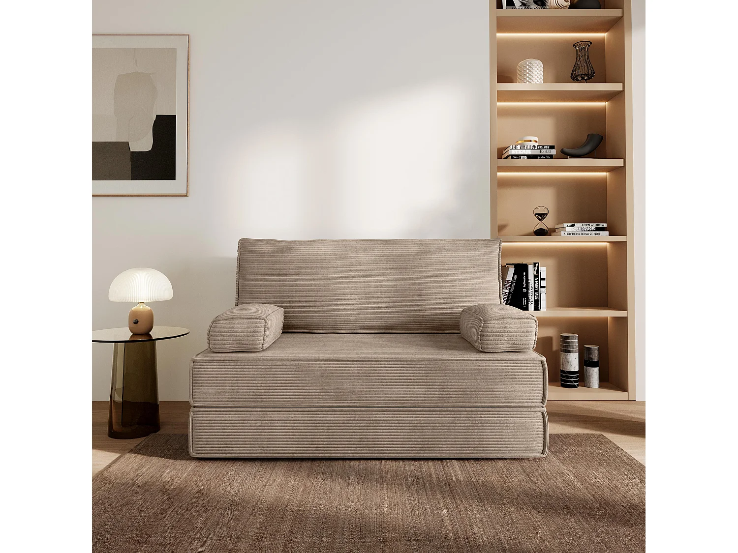 Canapé compressé LADIA sans cadre métallique, Velours côtelé POSO, Beige
