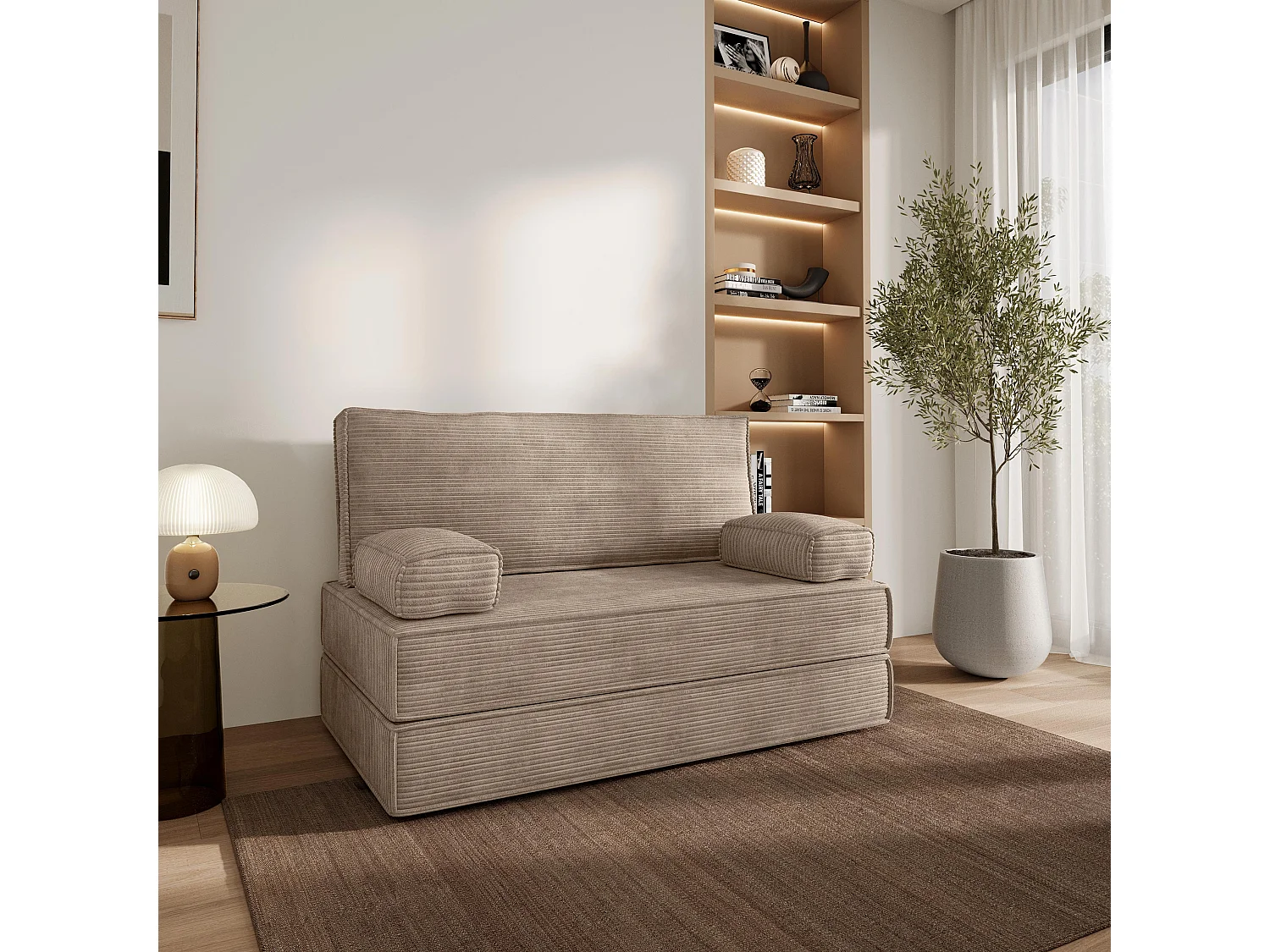 Canapé compressé LADIA sans cadre métallique, Velours côtelé POSO, Beige