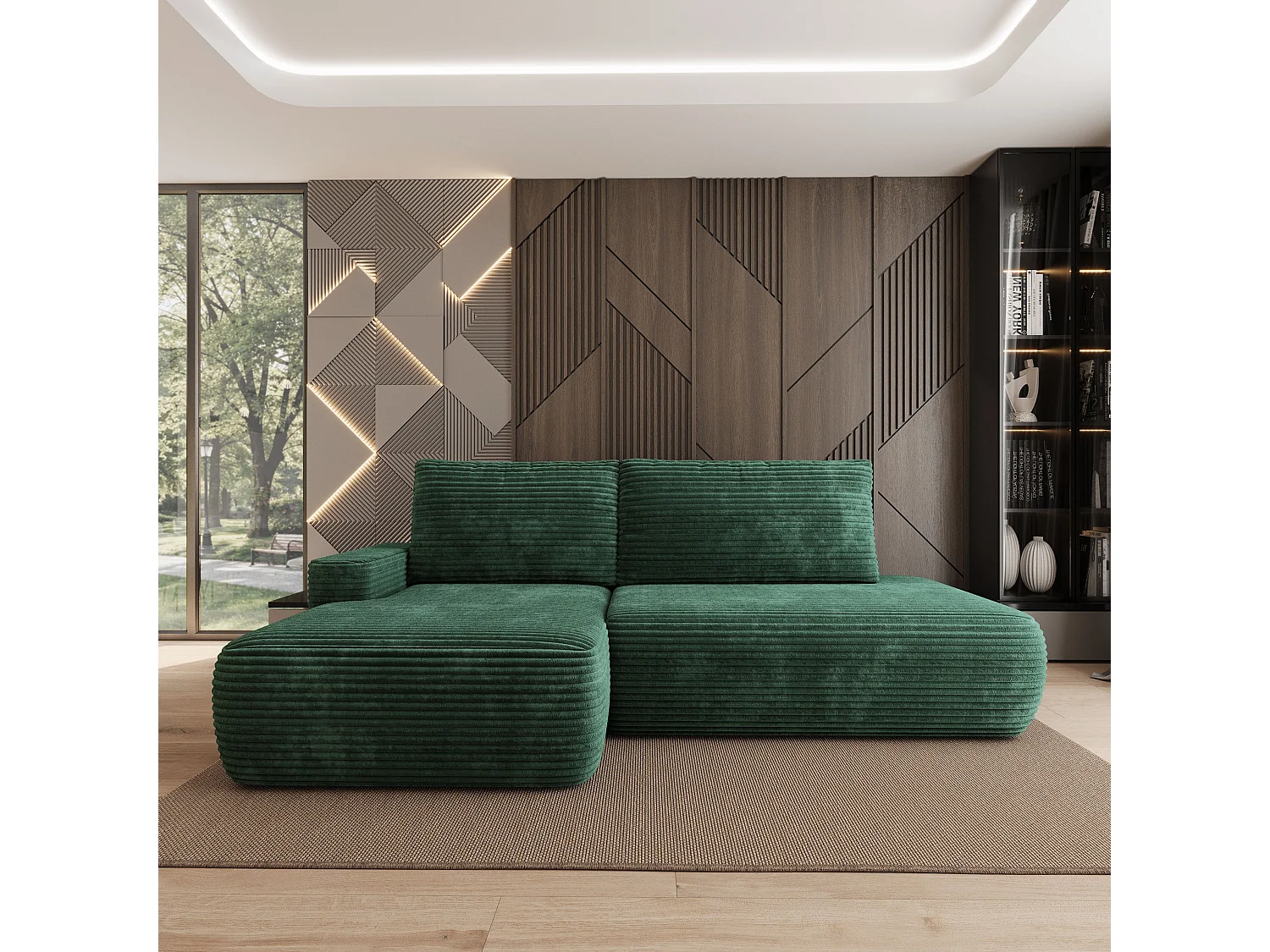 Hoekbank AVINI, met slaapfunctie, Cordstof Groen