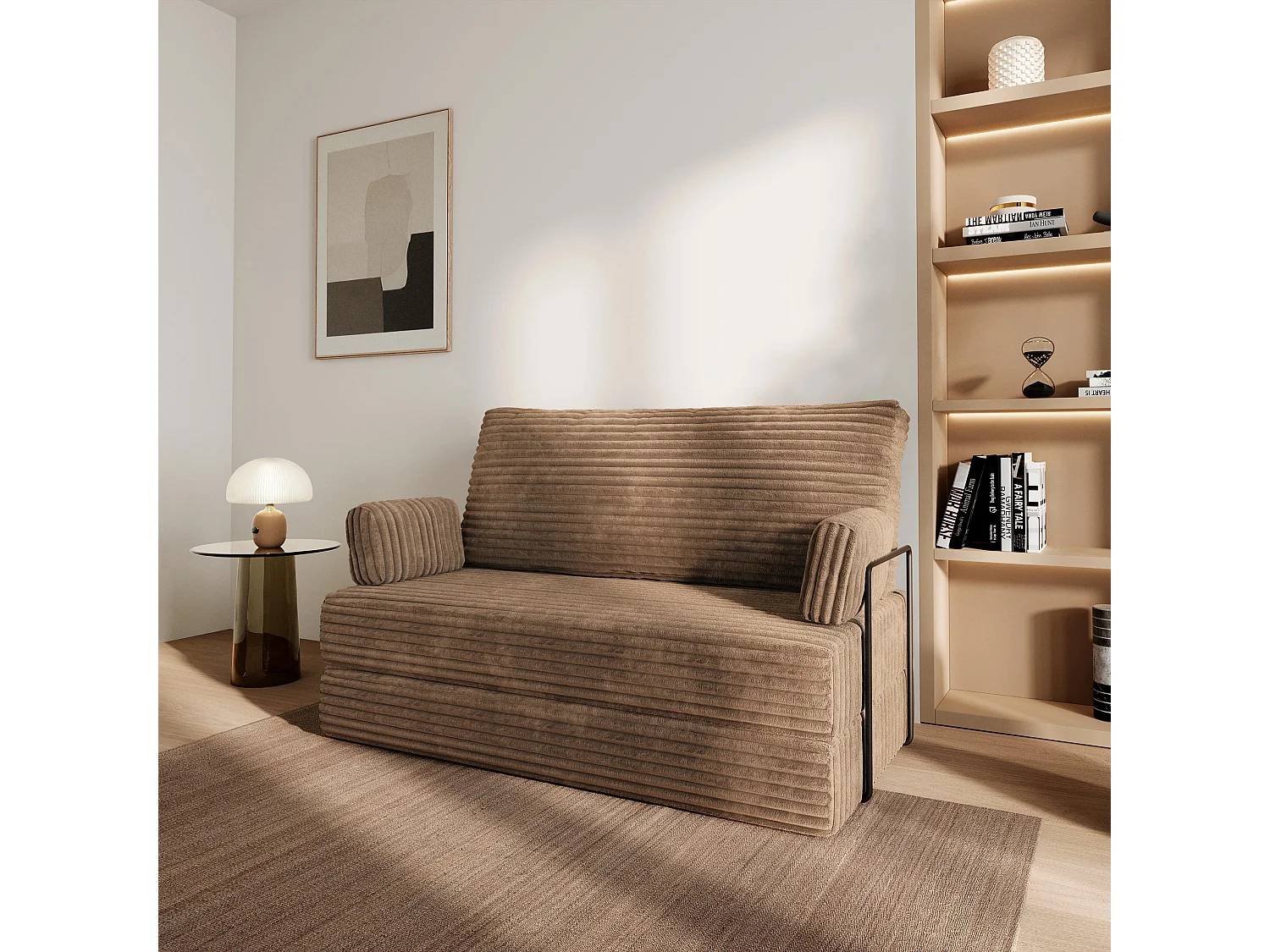 Canapé compressé LADIA avec cadre métallique, Velours côtelé TILIA, Beige