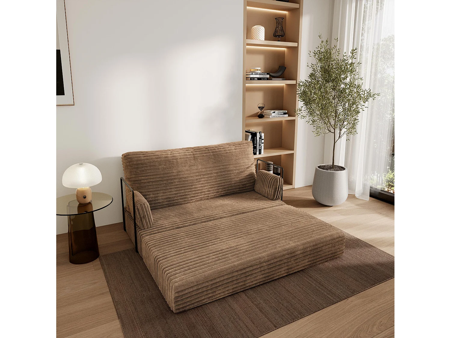 Canapé compressé LADIA avec cadre métallique, Velours côtelé TILIA, Beige