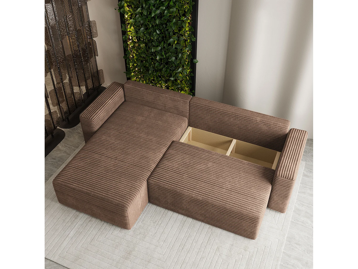Hoekbank CALTI, met slaapfunctie, Cordstof Beige