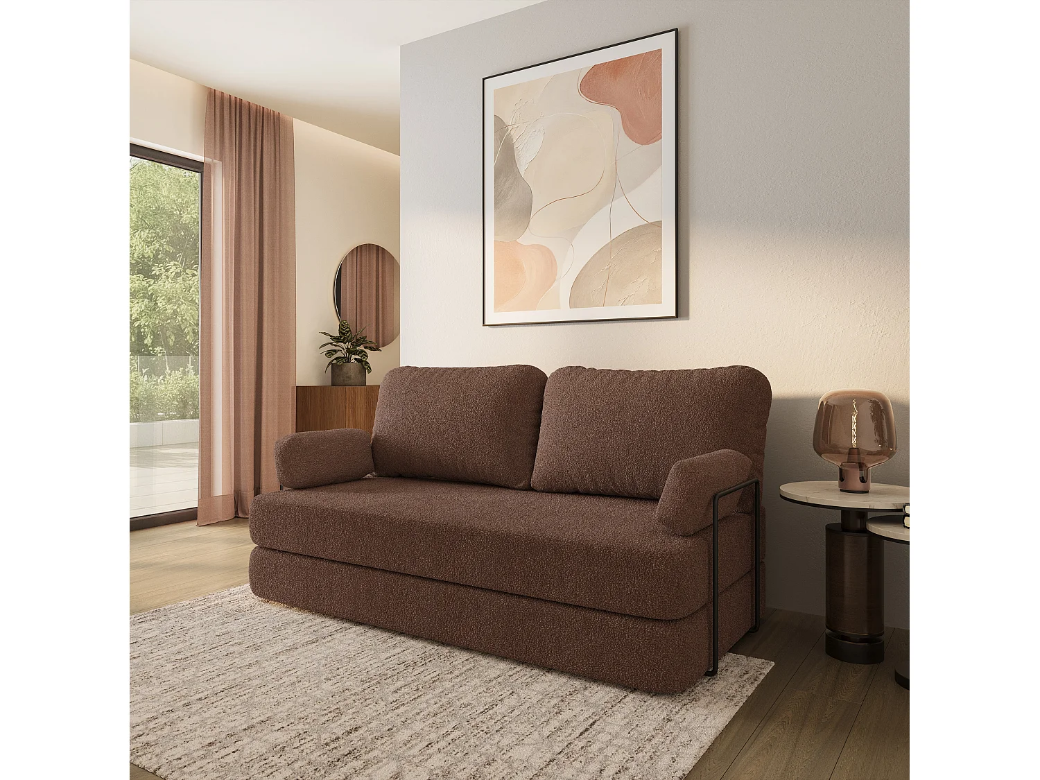 Canapé compressé NIKSI avec cadre métallique, Tissu bouclé, Marron