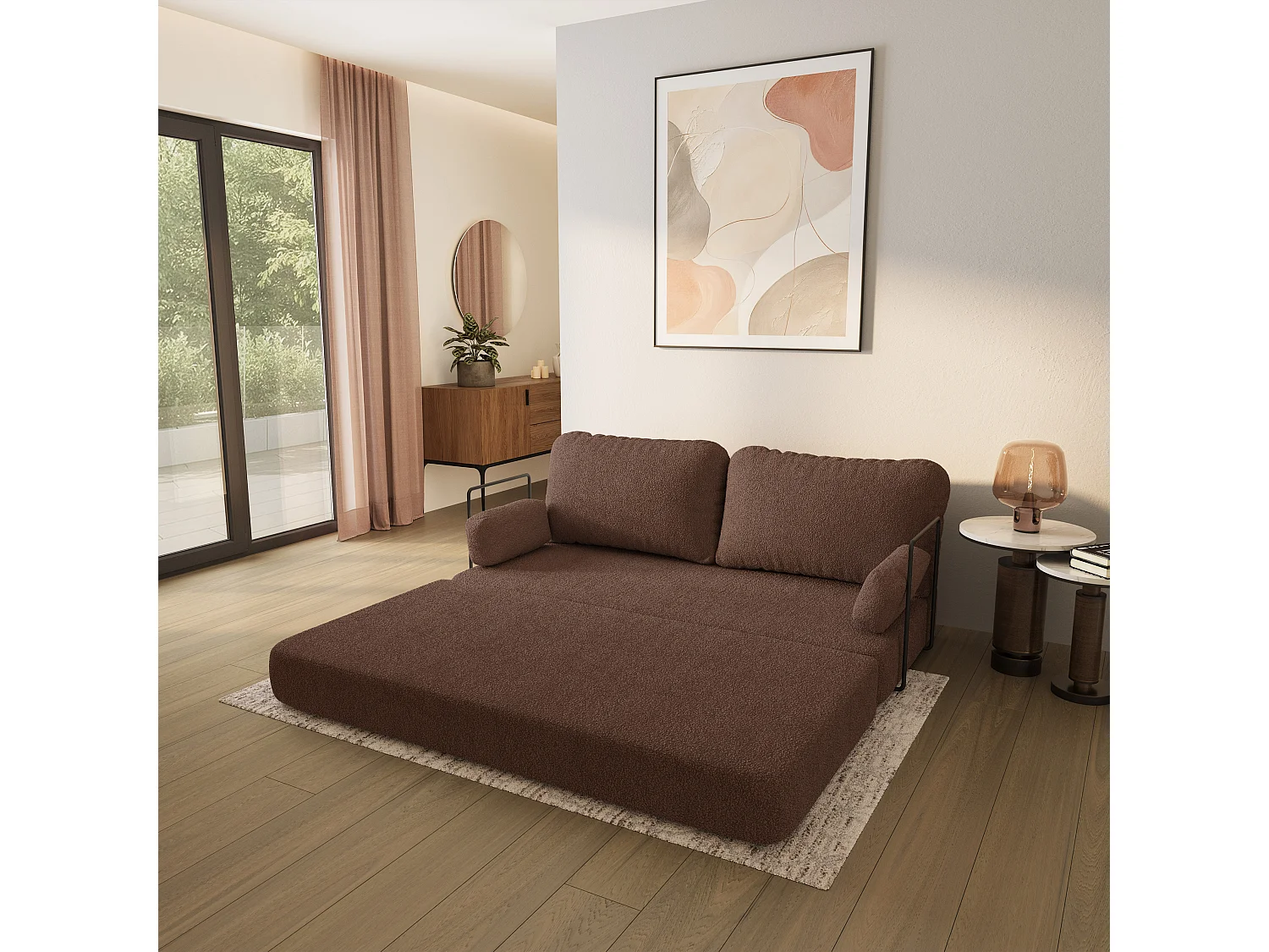 Canapé compressé NIKSI avec cadre métallique, Tissu bouclé, Marron