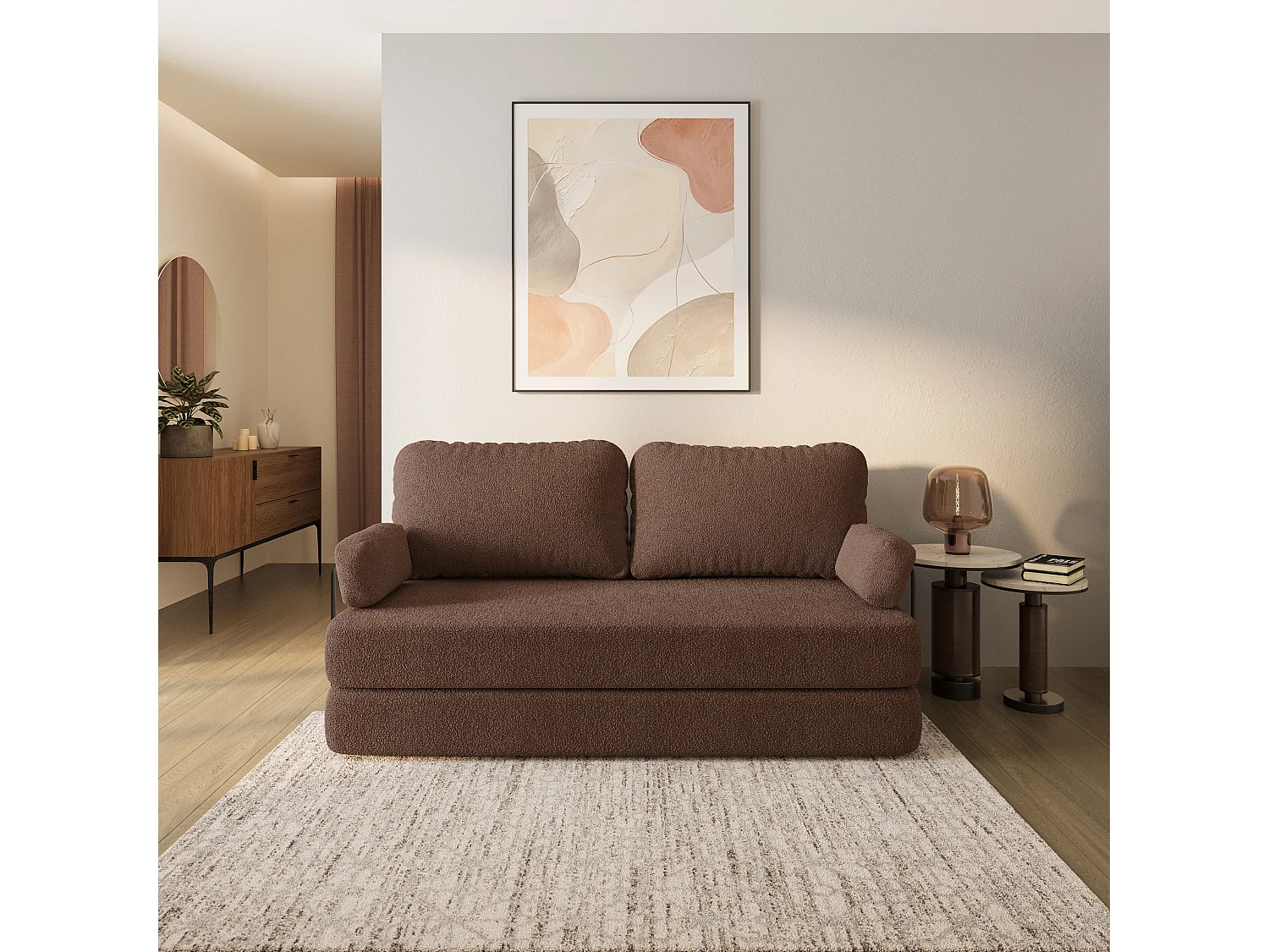 Canapé compressé NIKSI avec cadre métallique, Tissu bouclé, Marron
