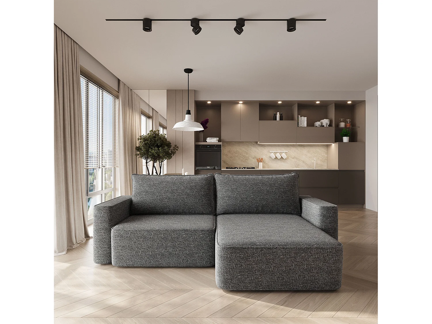Hoekbank BELISE, met slaapfunctie, Chenille Grijs