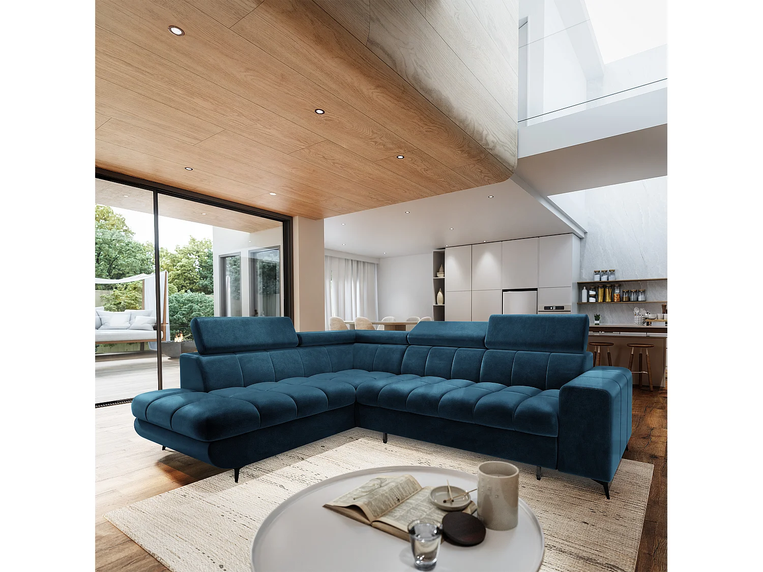 Hoekbank MORIVA, met slaapfunctie, Veloursstof Blauw