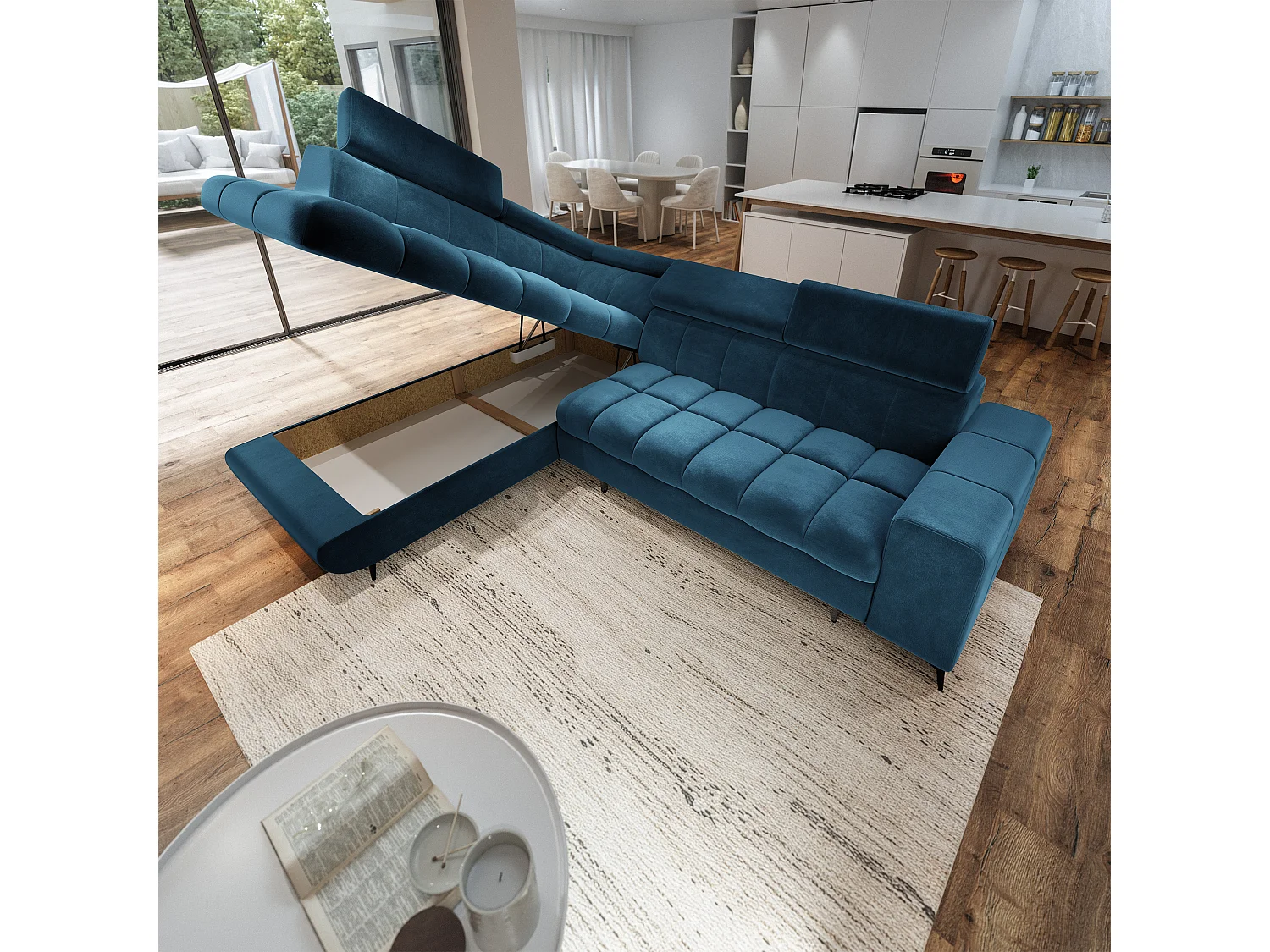 Hoekbank MORIVA, met slaapfunctie, Veloursstof Blauw
