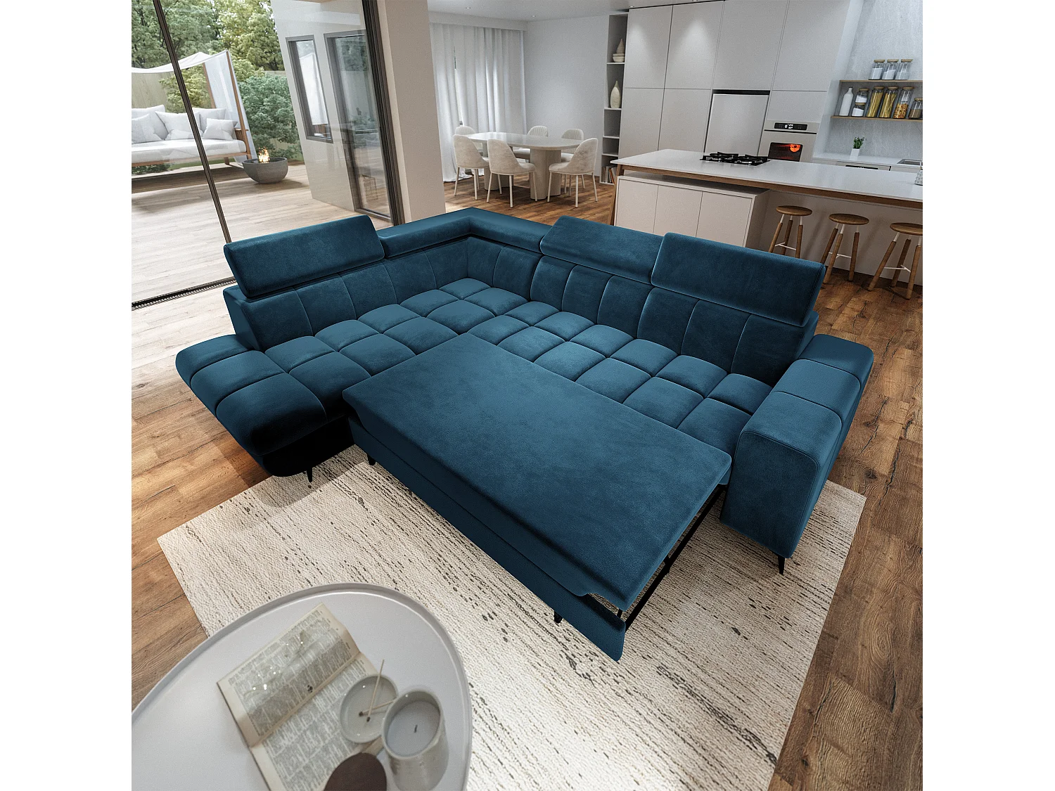 Hoekbank MORIVA, met slaapfunctie, Veloursstof Blauw