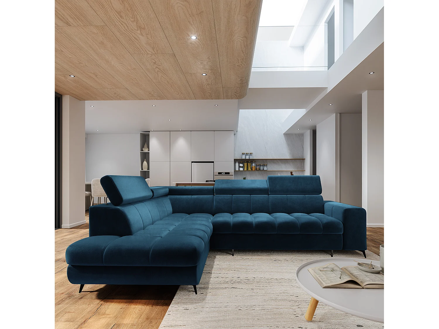 Hoekbank MORIVA, met slaapfunctie, Veloursstof Blauw