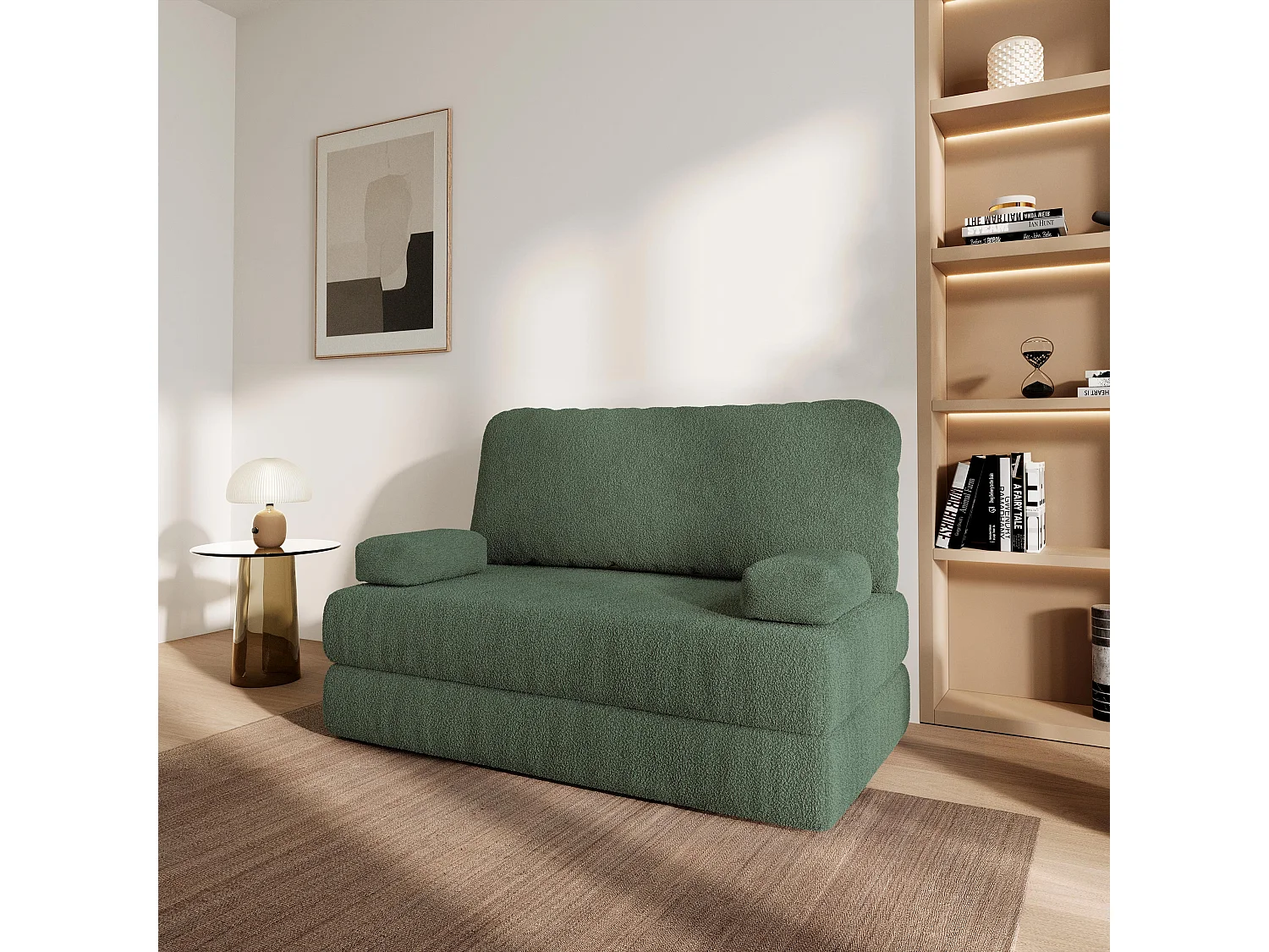 Canapé compressé KESTE sans cadre métallique, Tissu bouclé, Vert