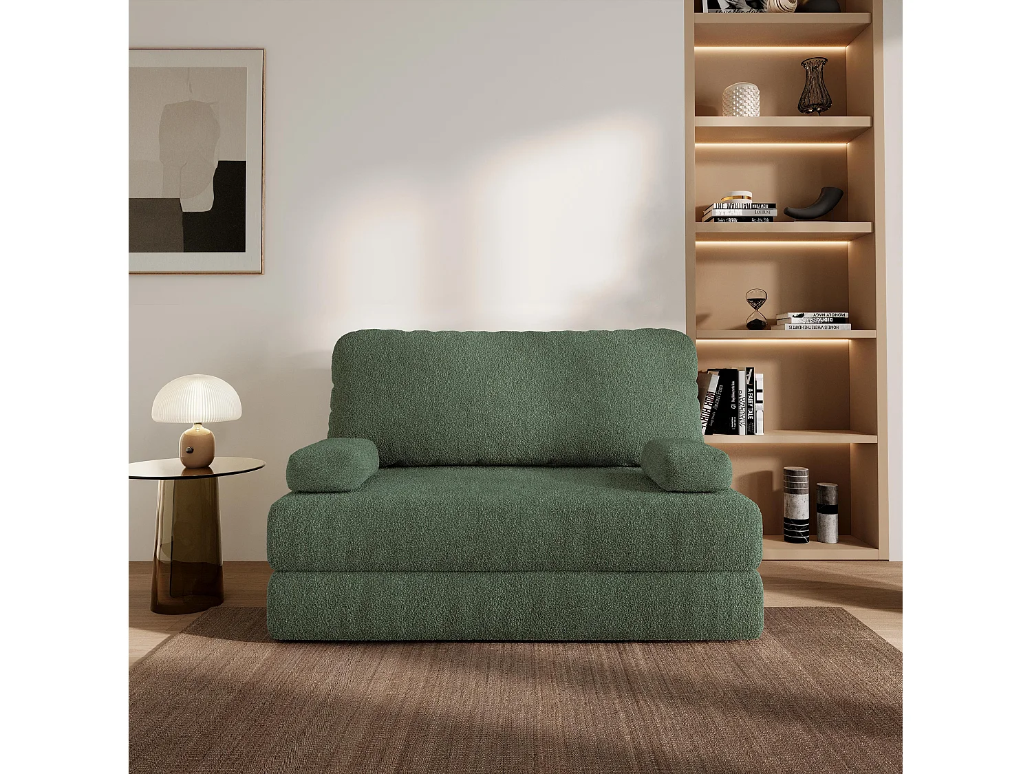 Canapé compressé KESTE sans cadre métallique, Tissu bouclé, Vert