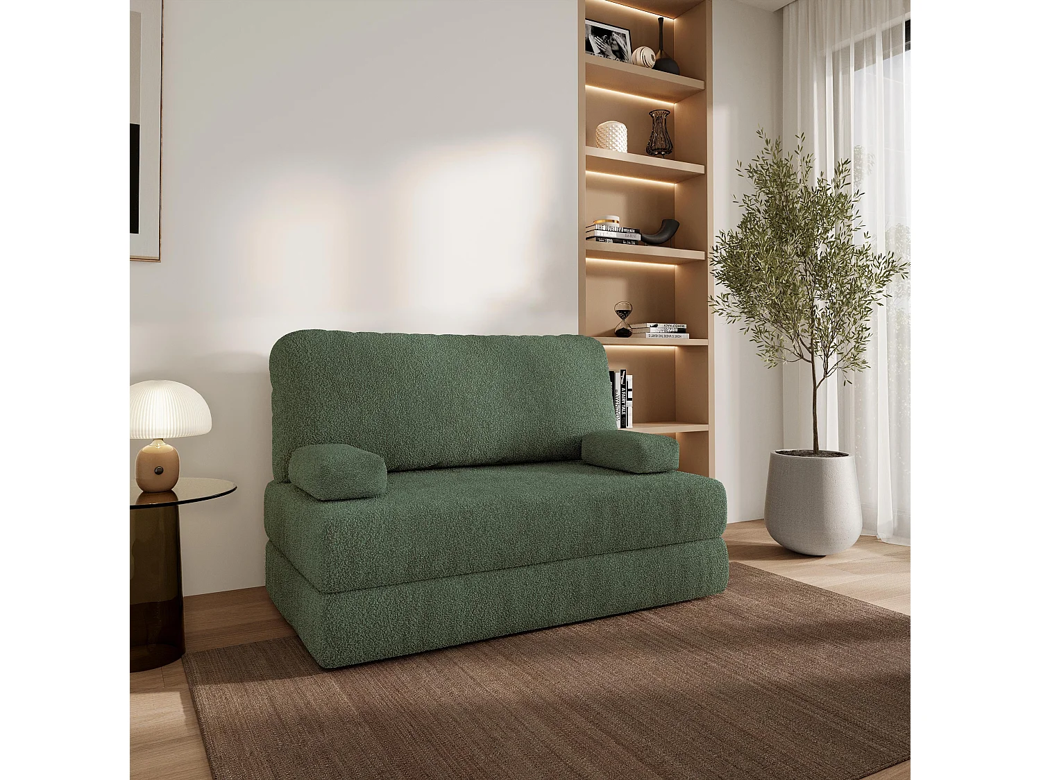 Canapé compressé KESTE sans cadre métallique, Tissu bouclé, Vert