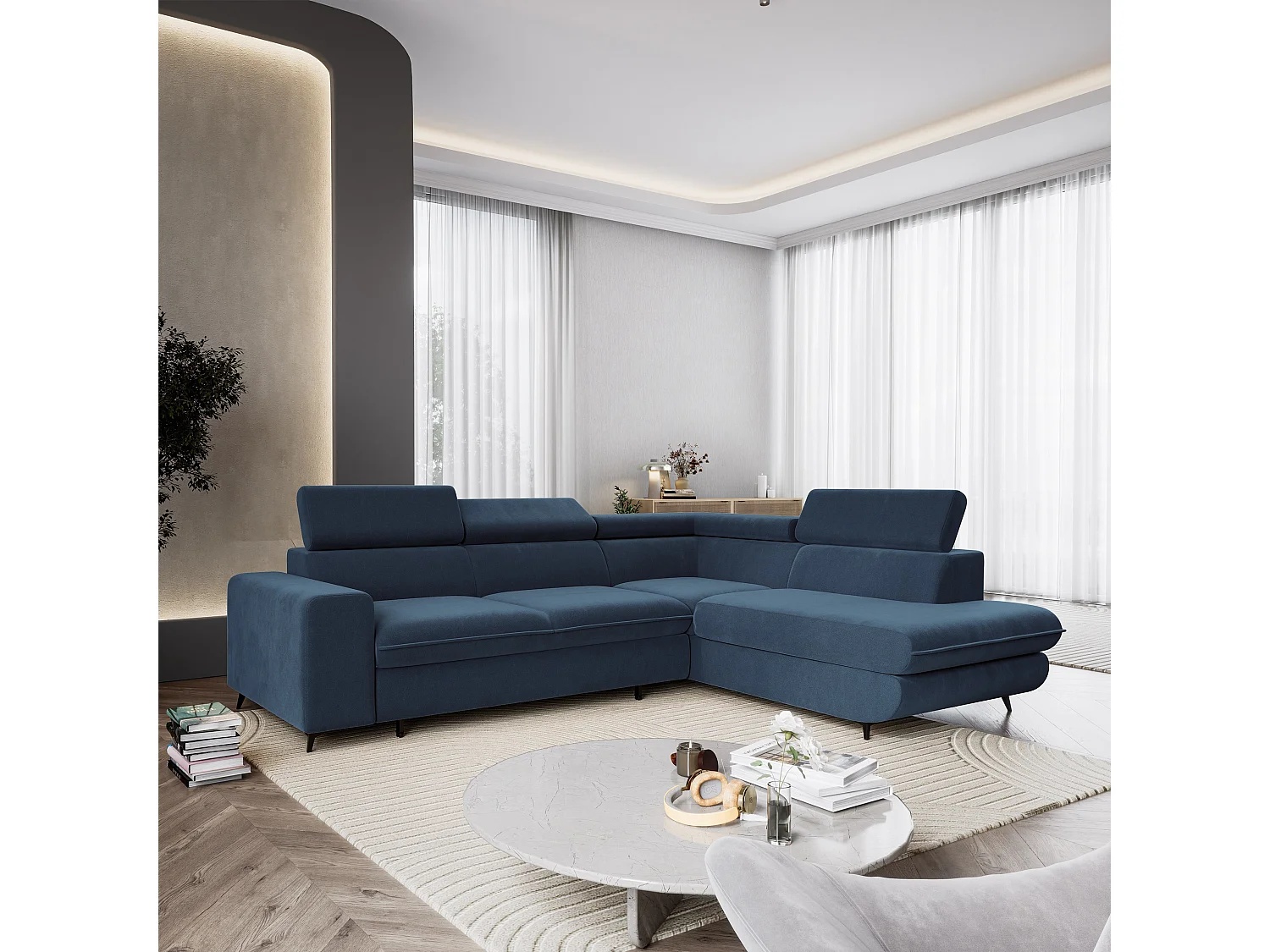 Hoekbank VELISS, met slaapfunctie, Fluweelstof Blauw