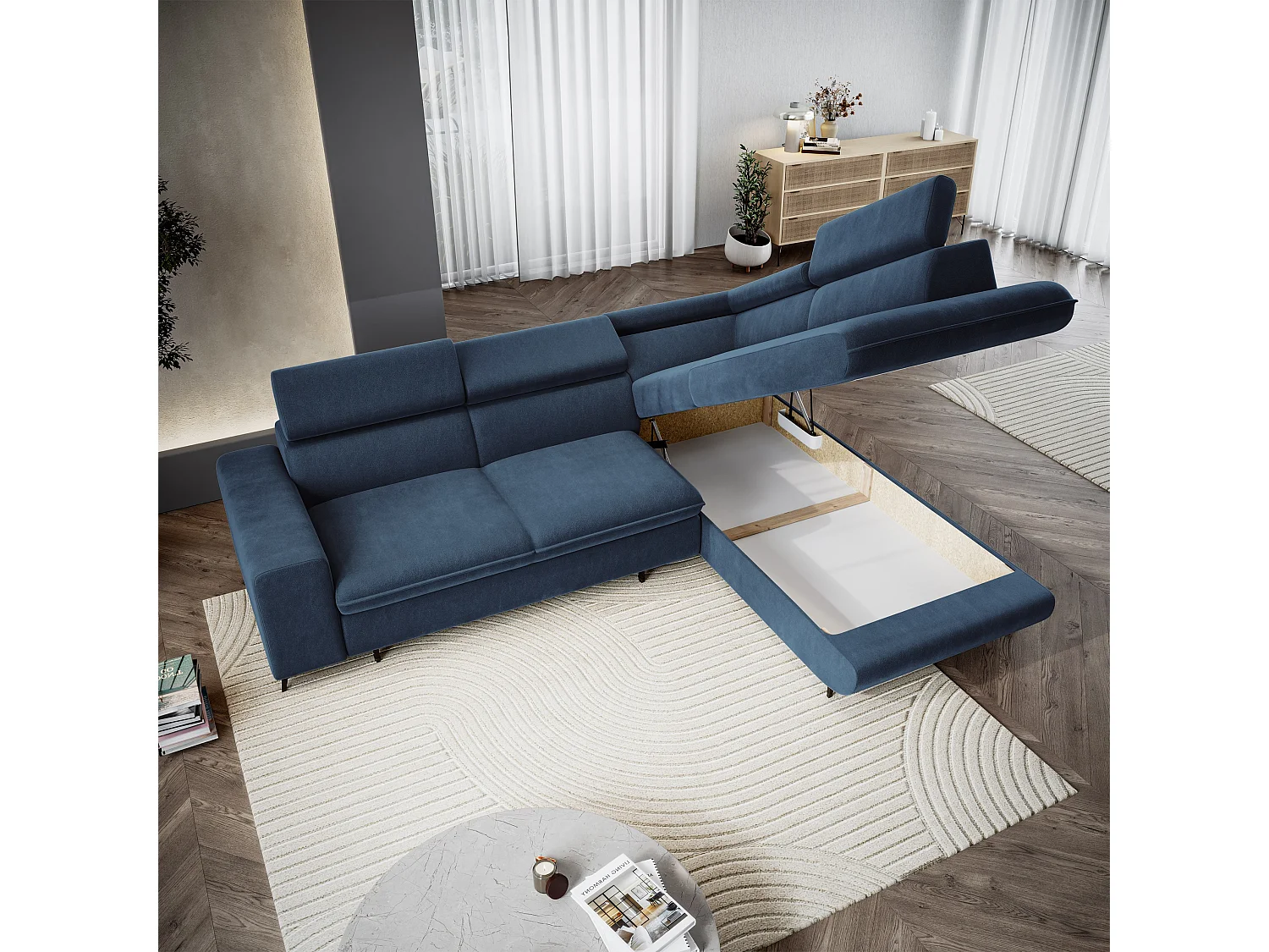 Hoekbank VELISS, met slaapfunctie, Fluweelstof Blauw