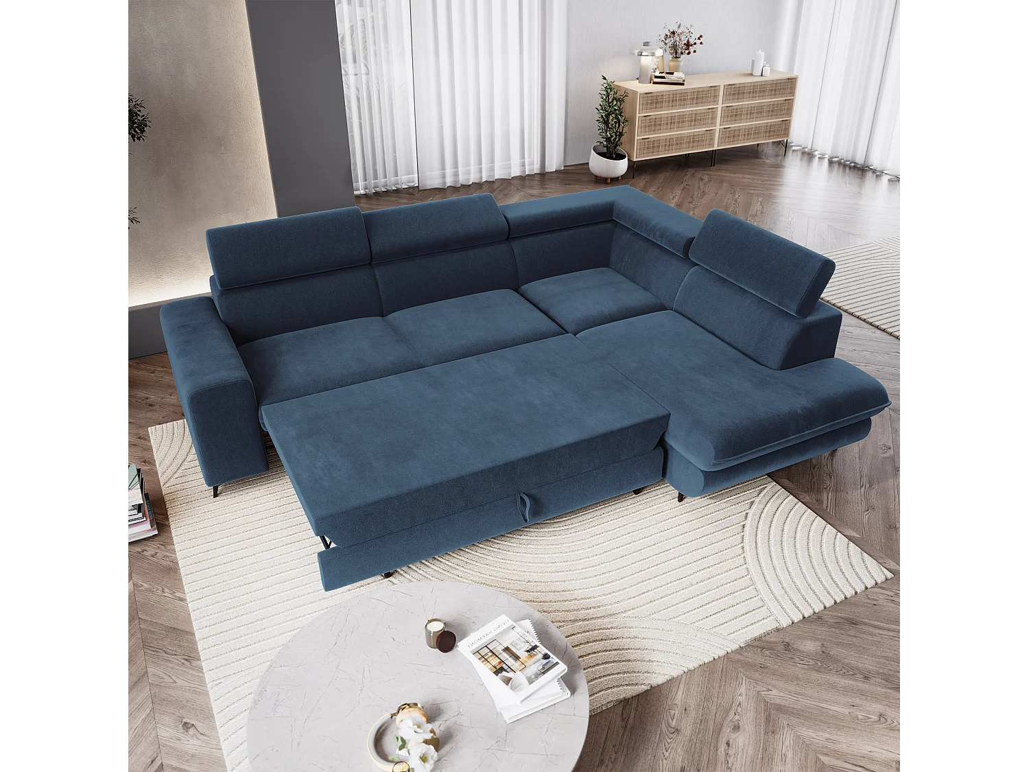 Hoekbank VELISS, met slaapfunctie, Fluweelstof Blauw