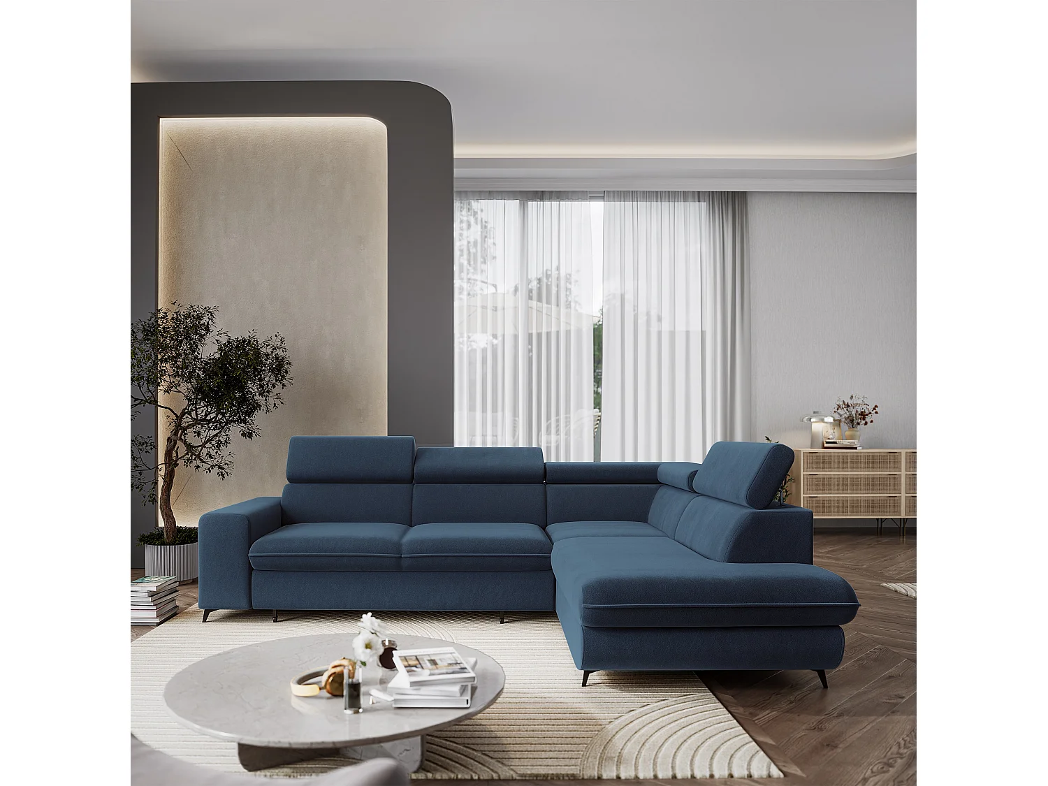 Hoekbank VELISS, met slaapfunctie, Fluweelstof Blauw