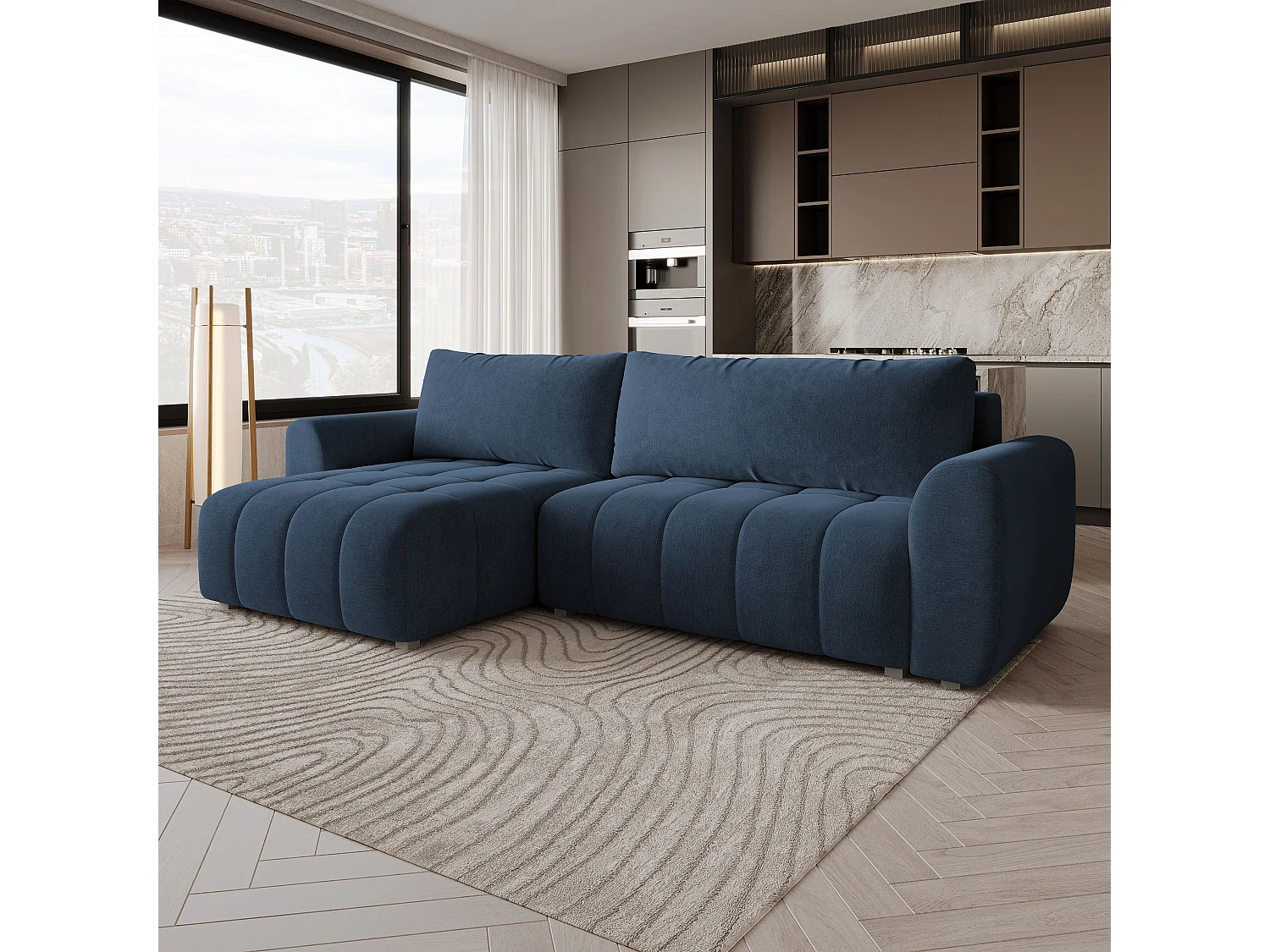Hoekbank MODARO, met slaapfunctie, Fluweelstof Blauw