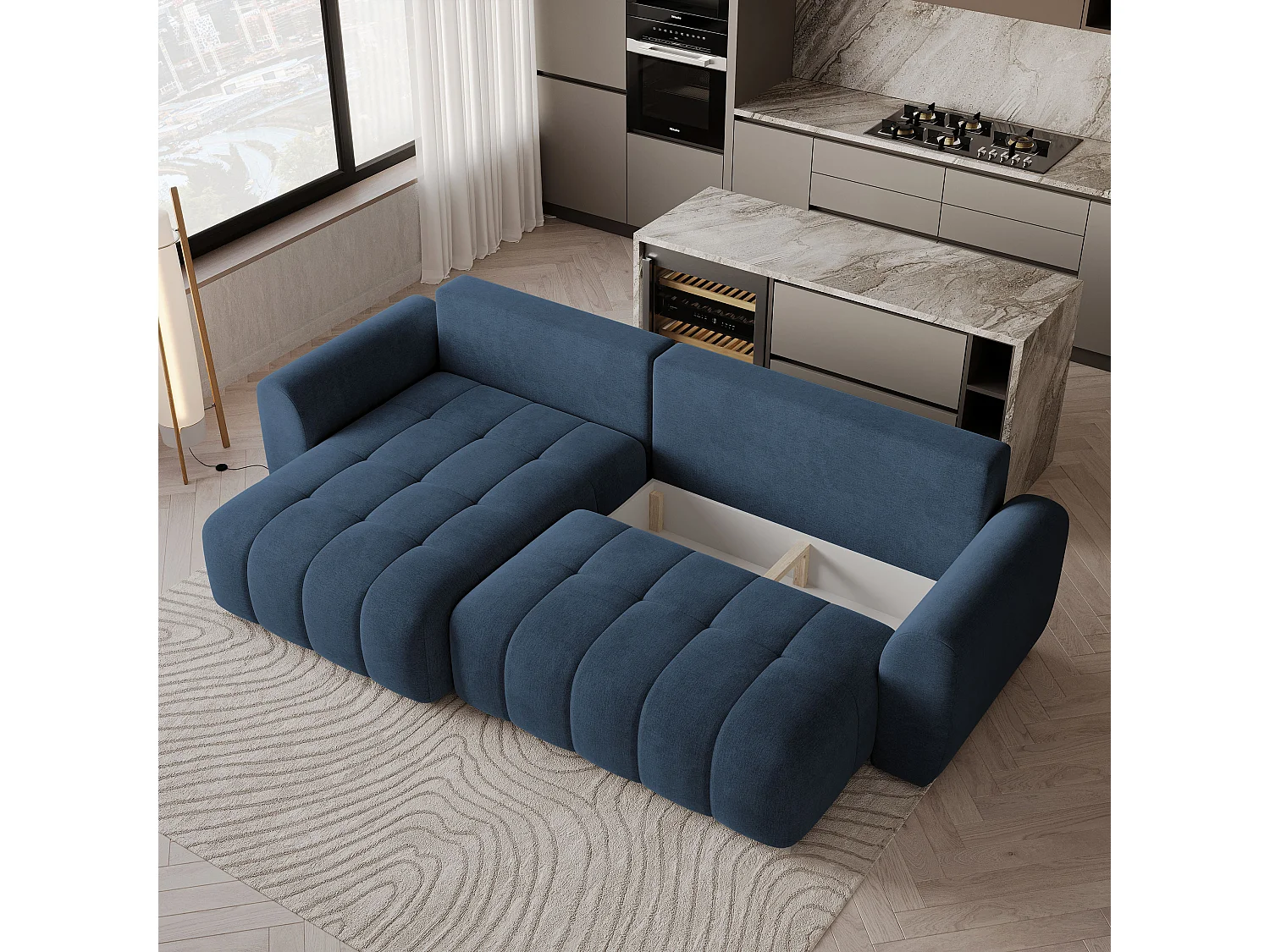 Hoekbank MODARO, met slaapfunctie, Fluweelstof Blauw
