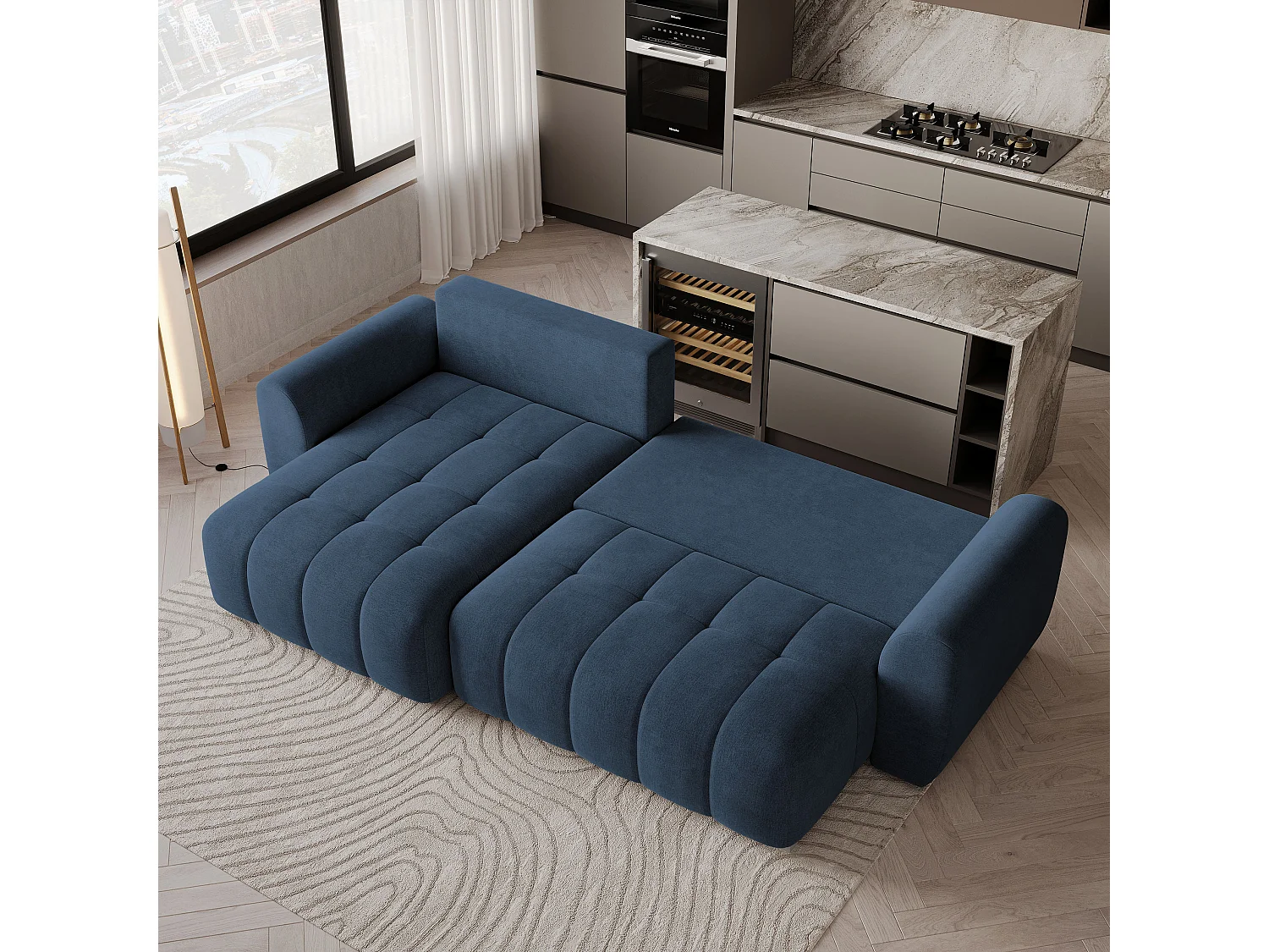 Hoekbank MODARO, met slaapfunctie, Fluweelstof Blauw