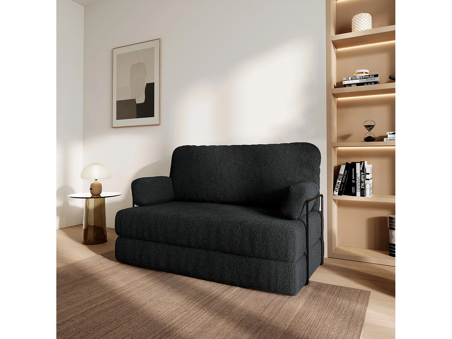 Canapé compressé KESTE avec cadre métallique, Tissu bouclé, Noir