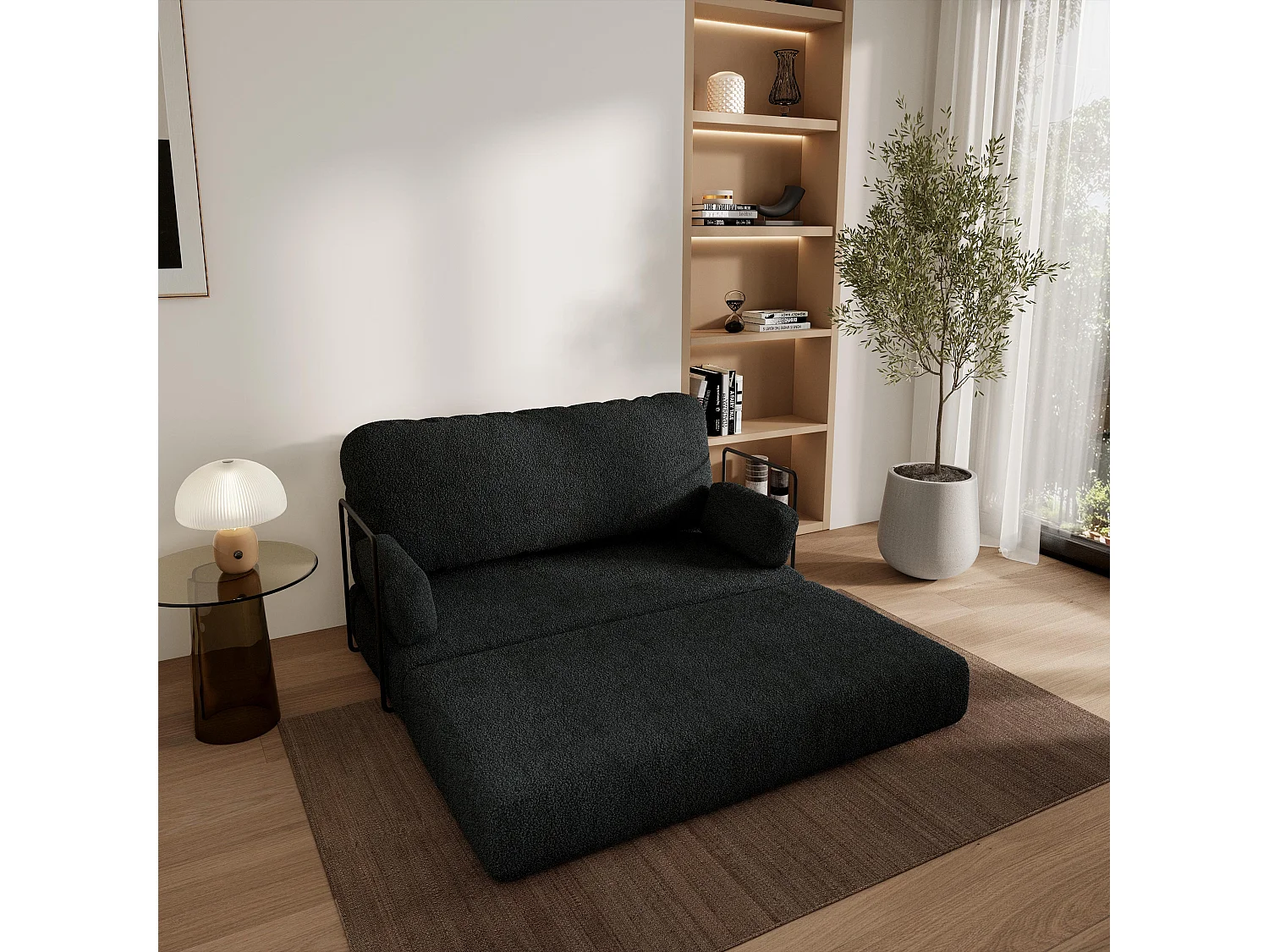 Canapé compressé KESTE avec cadre métallique, Tissu bouclé, Noir