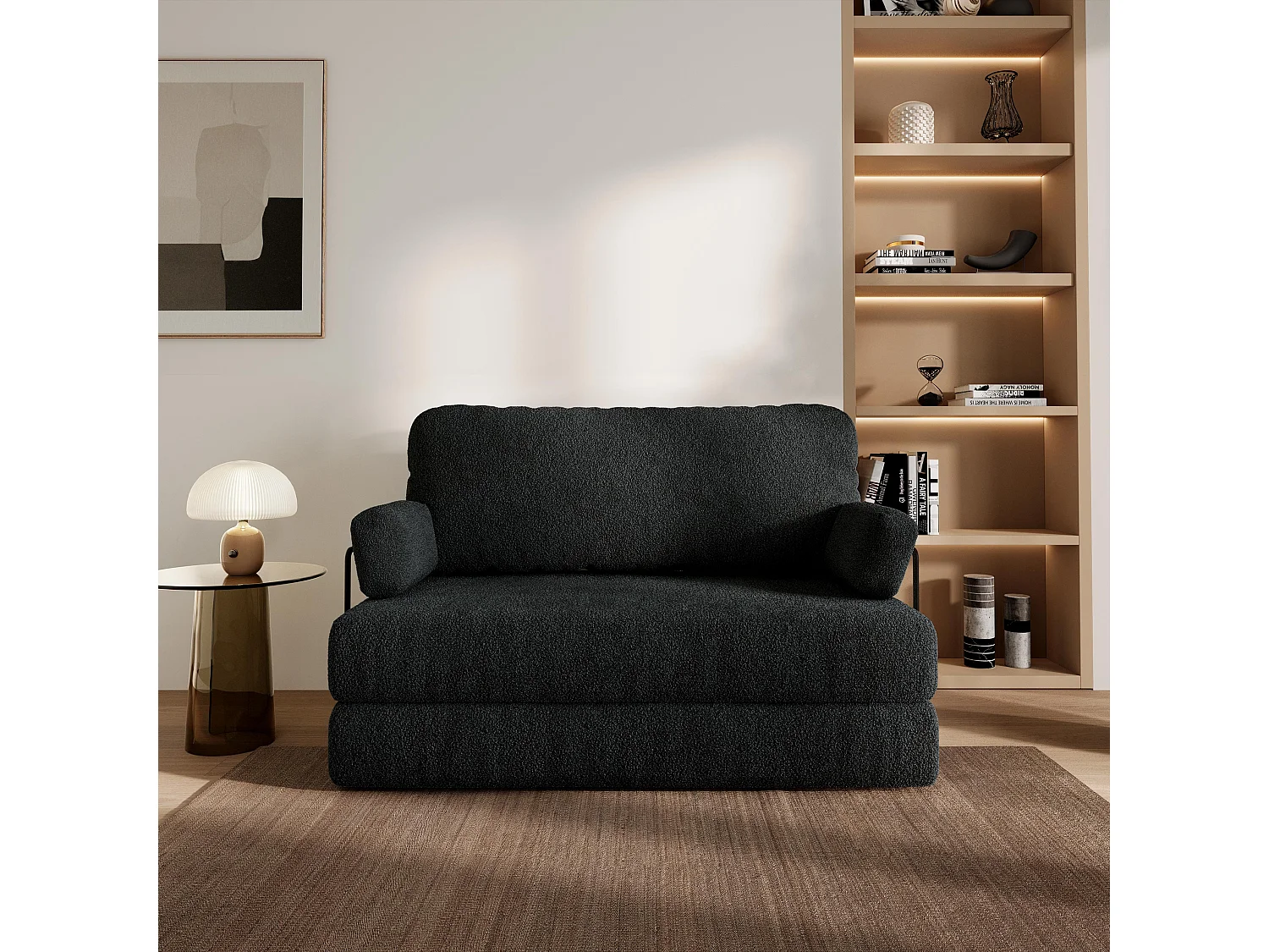 Canapé compressé KESTE avec cadre métallique, Tissu bouclé, Noir